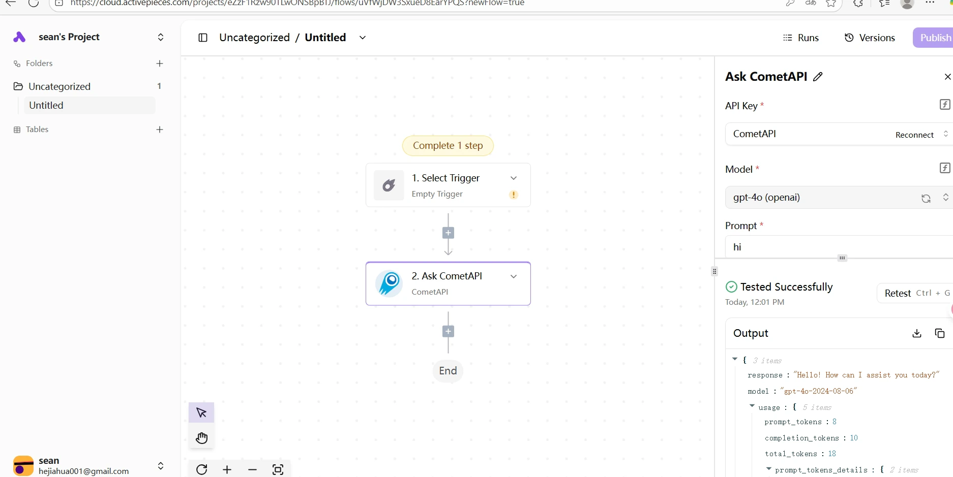 Pomyślna odpowiedź testowa z kroku CometAPI