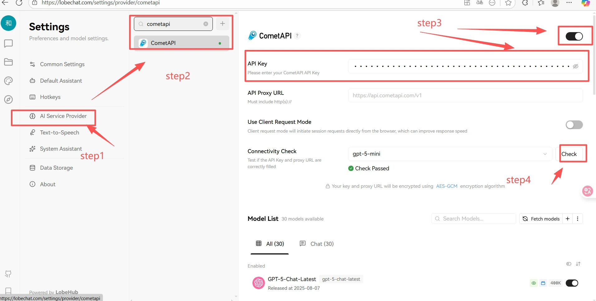 CometAPI provider settings in Lobe-Chat with API key entered