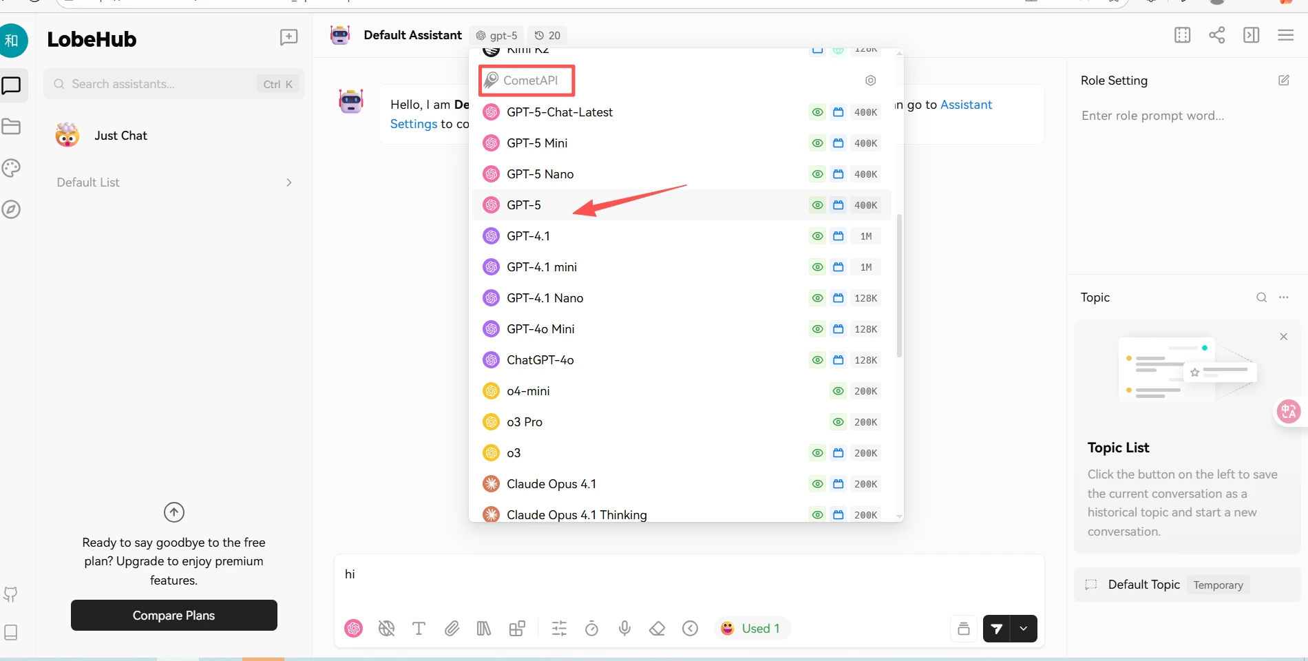 Lobe-Chat conversation showing a successful response from CometAPI