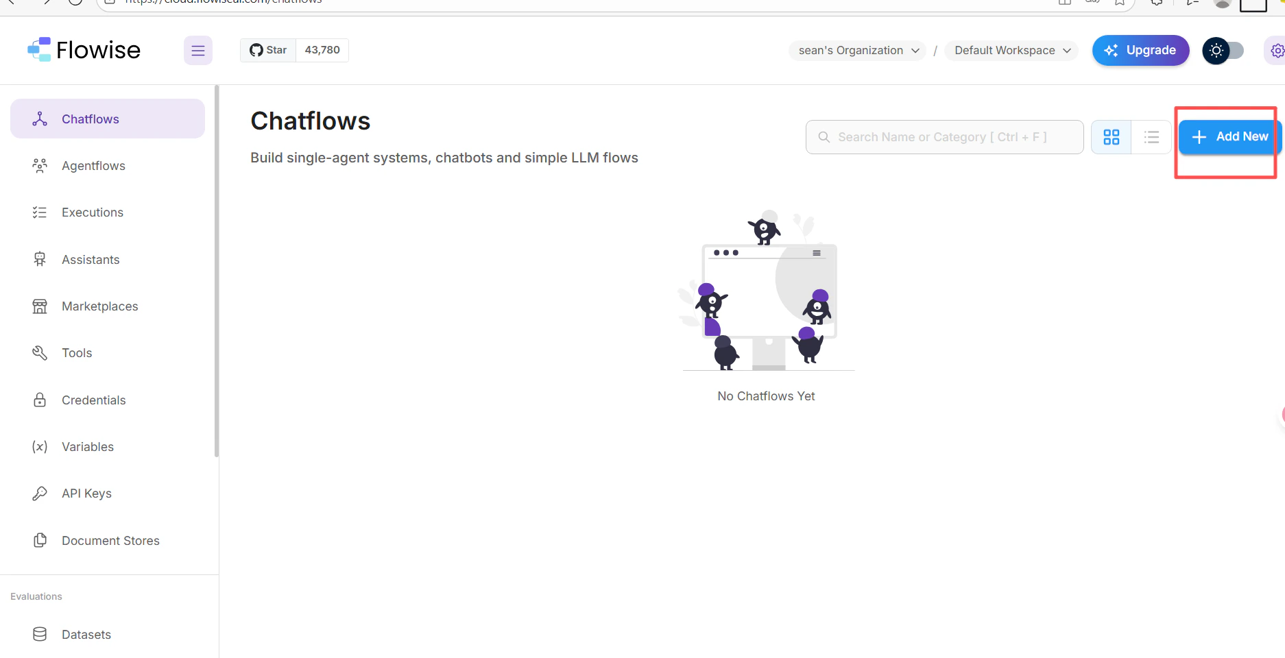 FlowiseAI-Canvas mit der Schaltfläche „Add New“