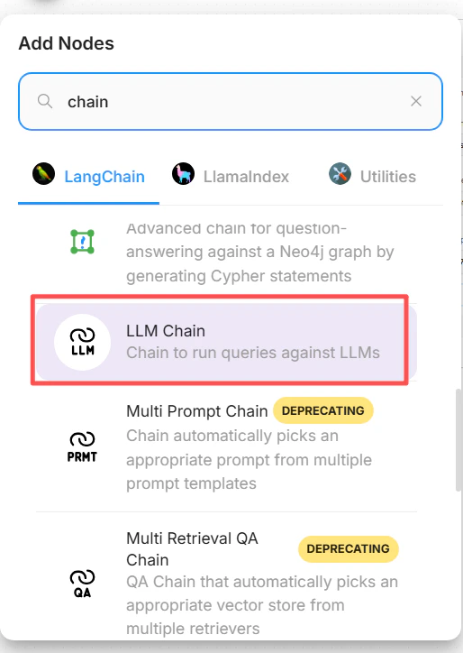LLM Chain-Node mit verbundenem Language Model und Prompt