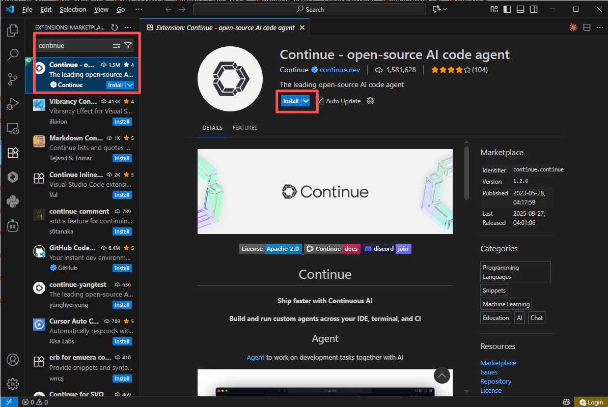 显示 Continue 扩展的 VS Code 扩展面板