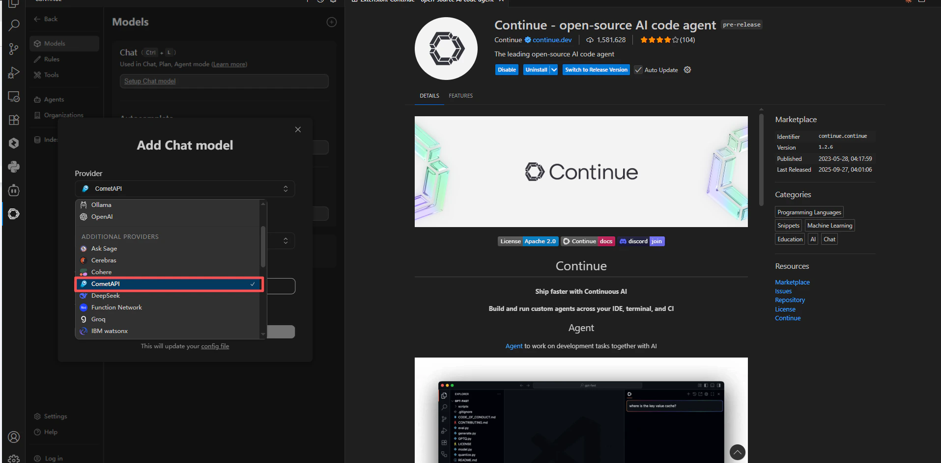 Continue 中的 CometAPI provider 配置