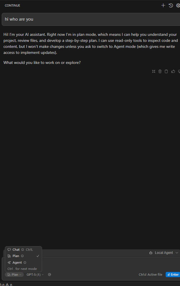 Continue 聊天中显示来自 CometAPI 的成功响应