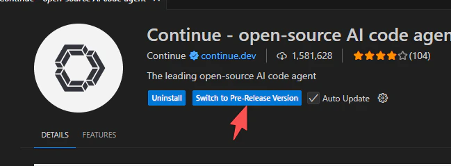 Continue 扩展面板显示 Preview 版本切换开关