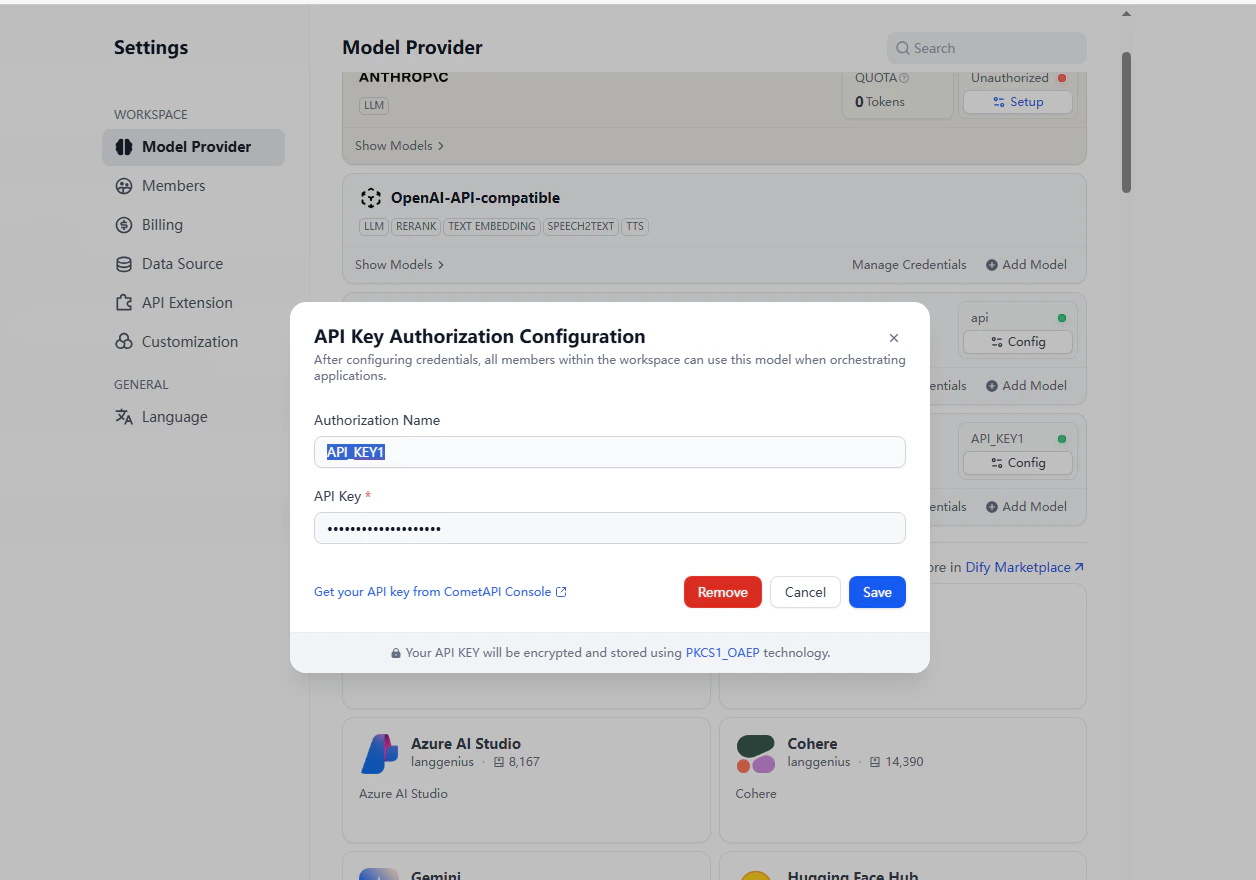 Paramètres du fournisseur de modèles Dify affichant le formulaire de configuration CometAPI