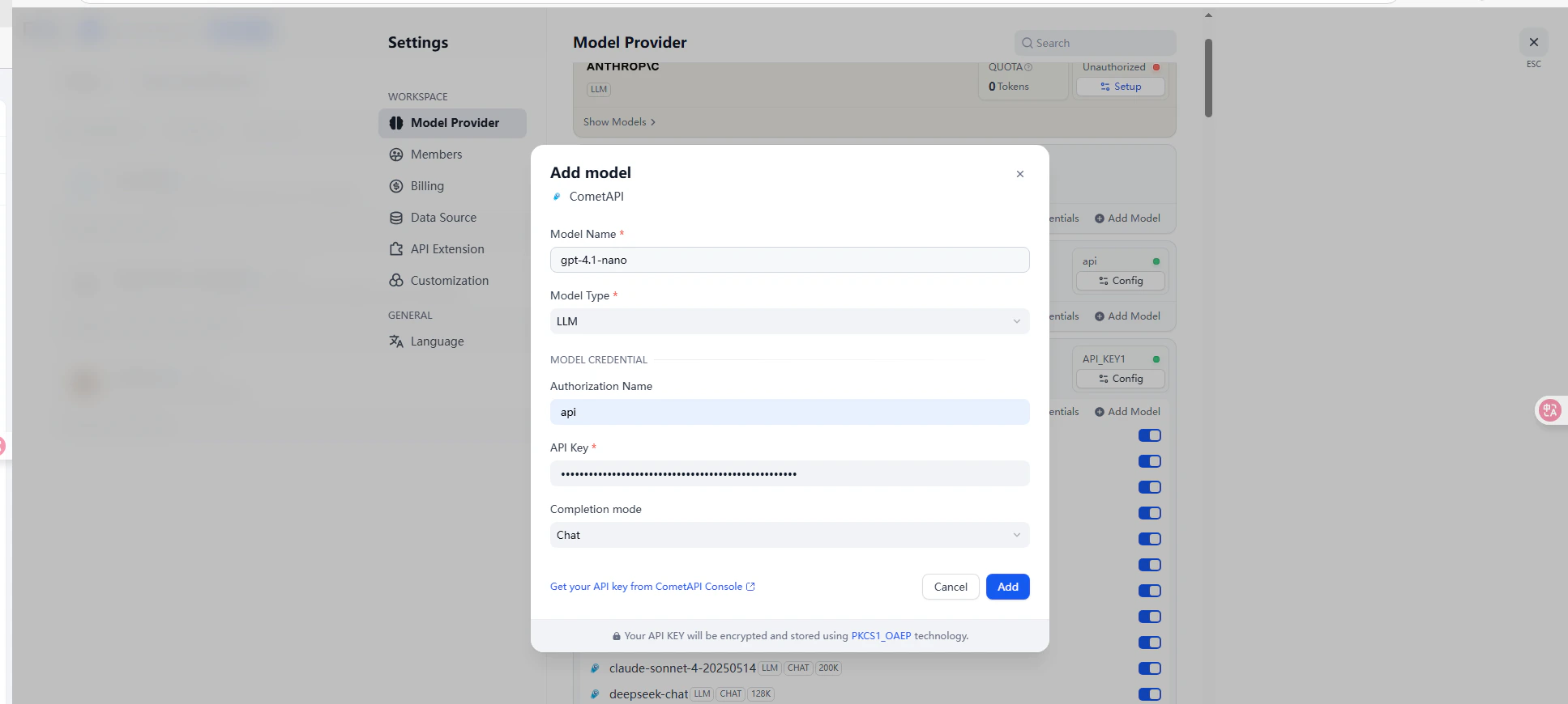 Liste des modèles Dify avec des modèles CometAPI ajoutés avec succès