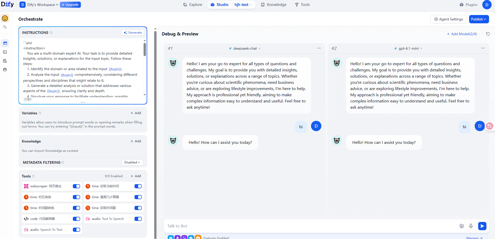 Interface de chat Dify affichant une réponse réussie d’un modèle CometAPI