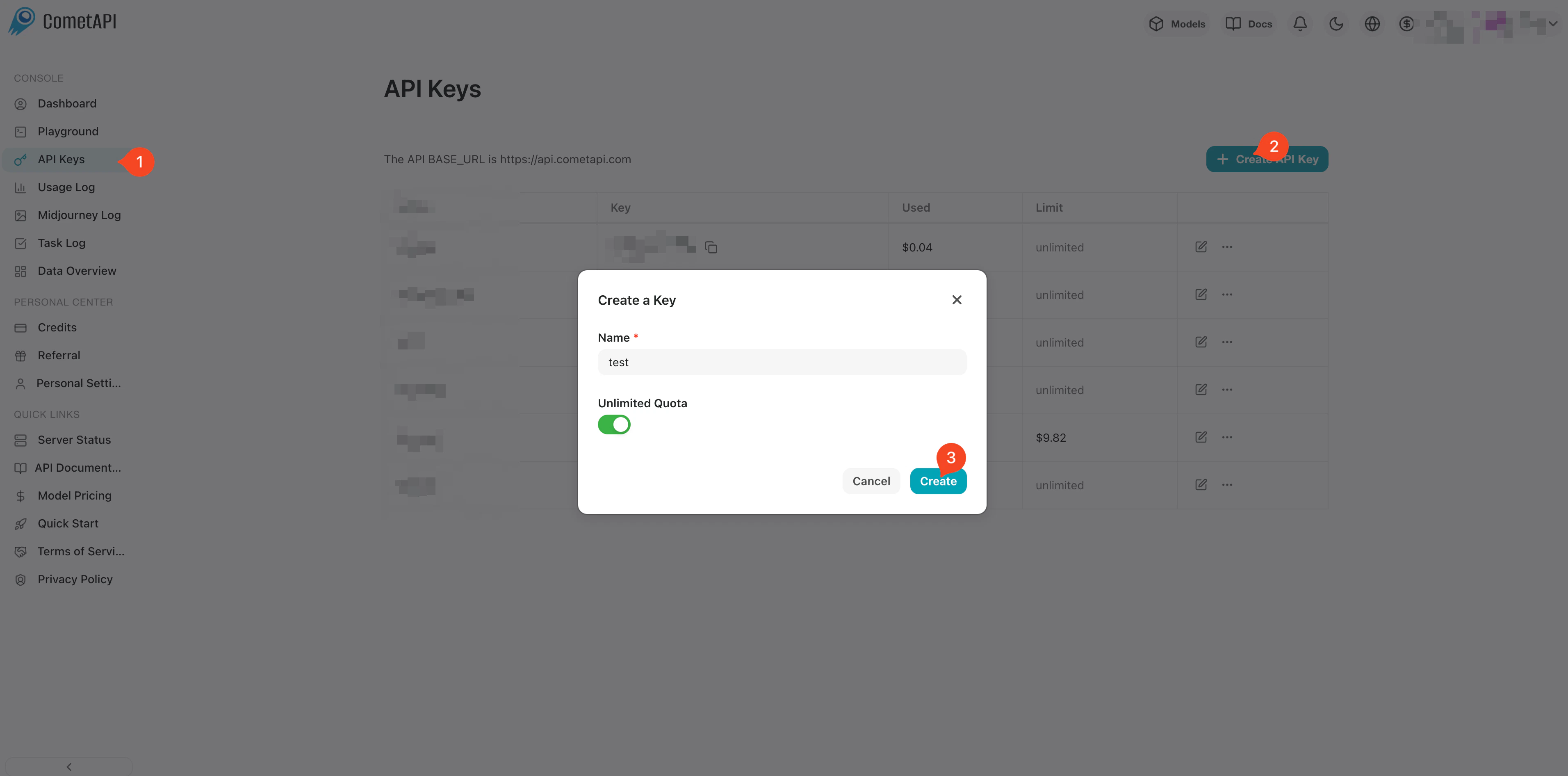 Панель управления CometAPI — Add API Key