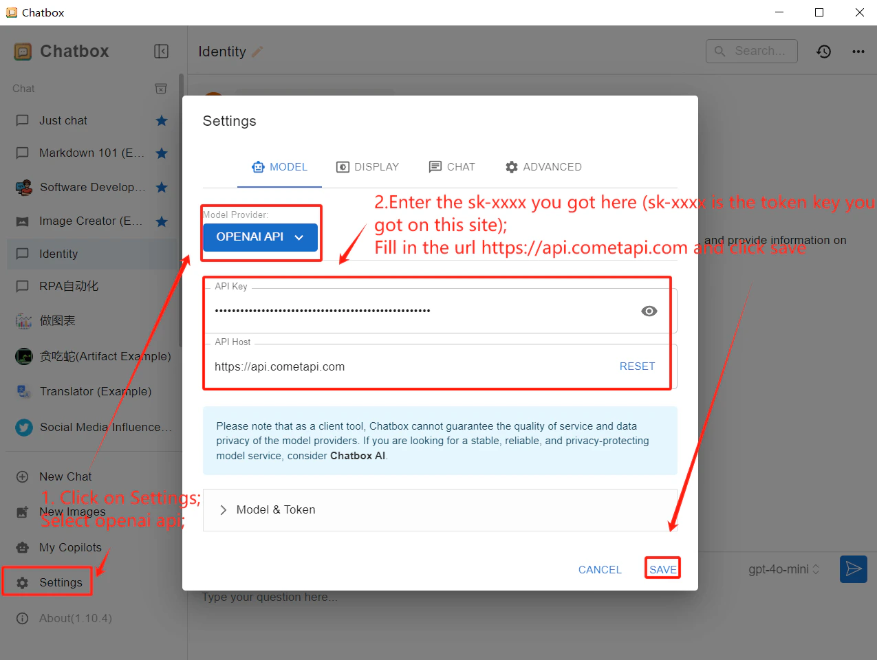 Chatbox-Einstellungen mit ausgewählter OpenAI API und eingetragener CometAPI-Domain