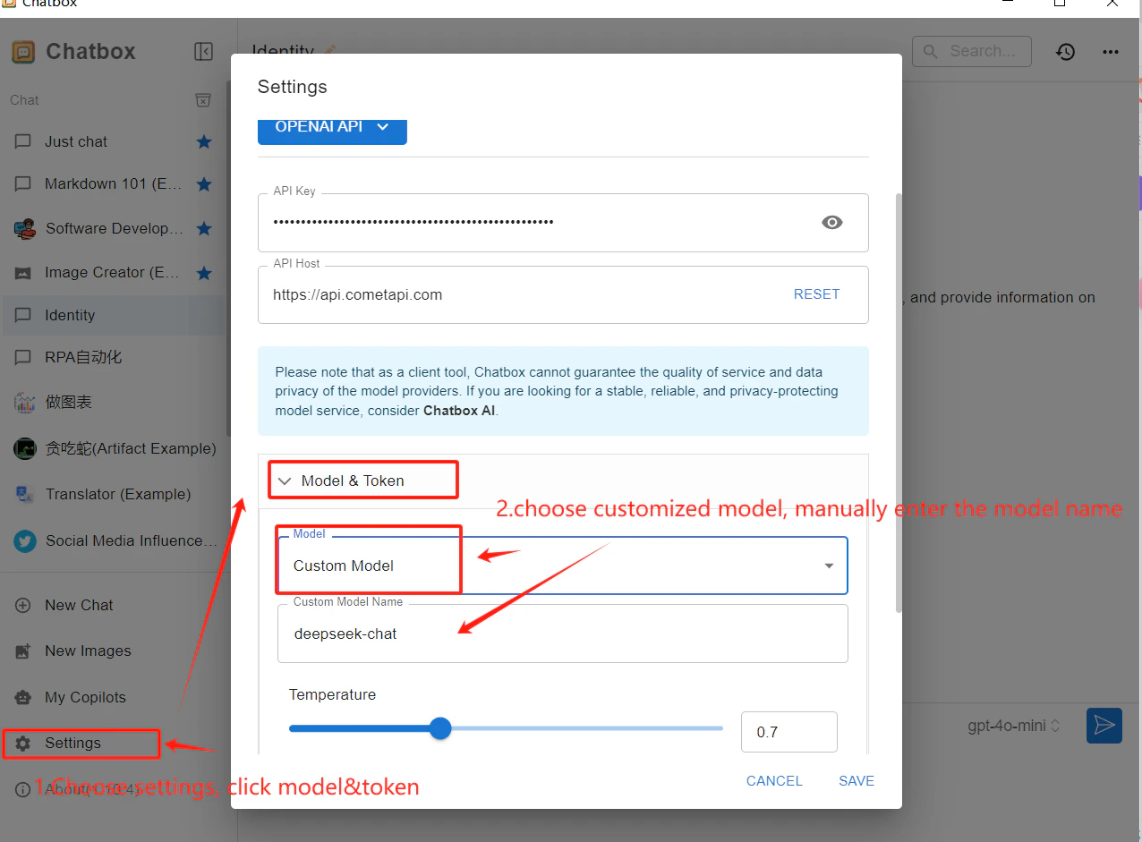 Chatbox-Einstellungsseite mit einem neu hinzugefügten benutzerdefinierten Modell