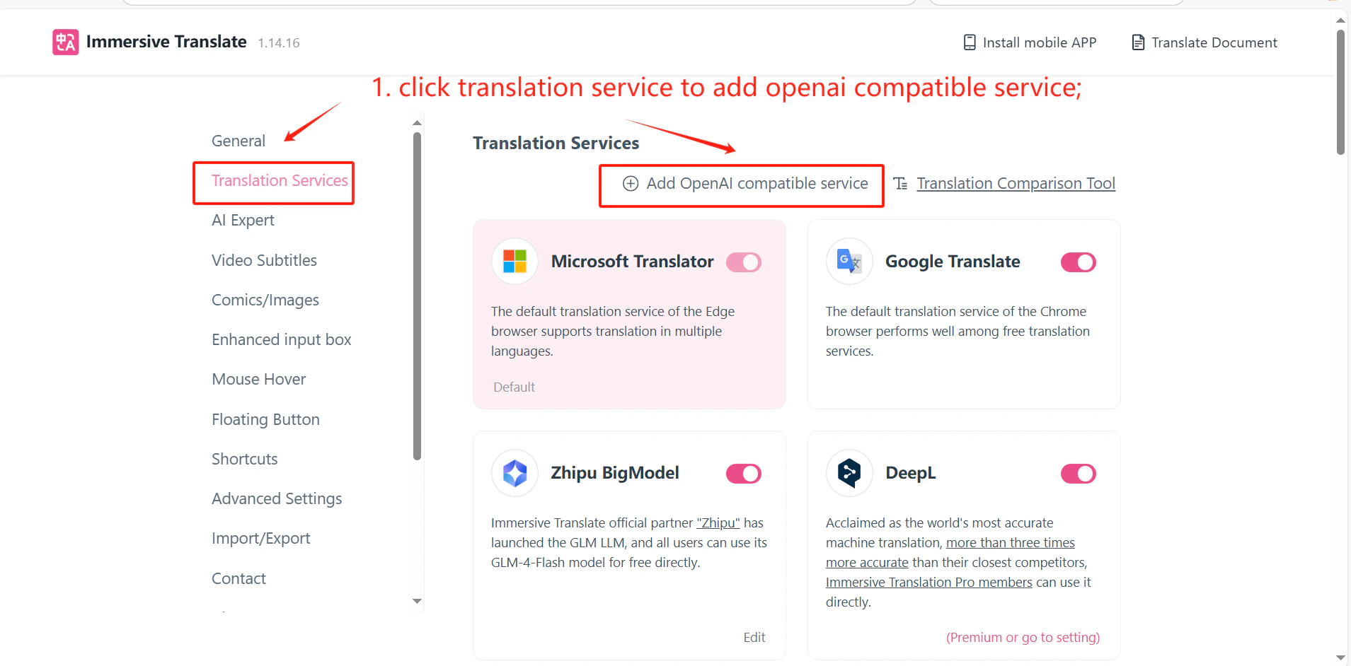 Immersive Translation extension settings — add service dialog