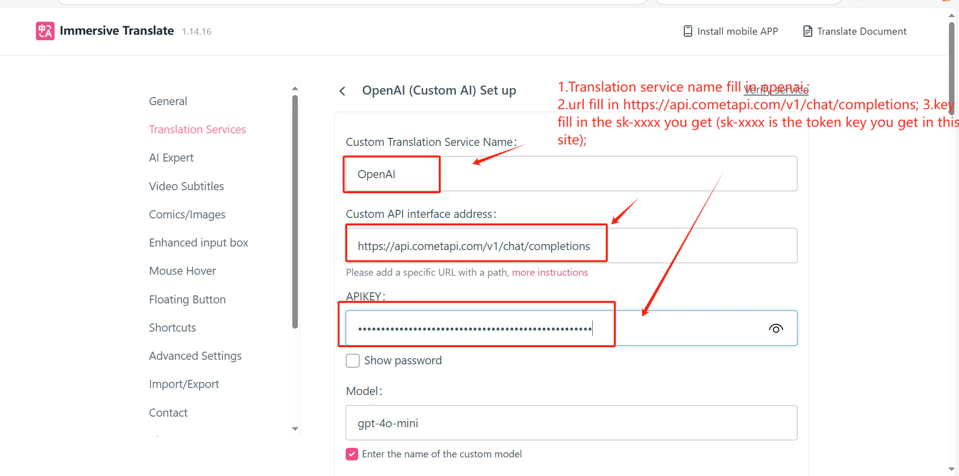 API address and key fields filled in for CometAPI