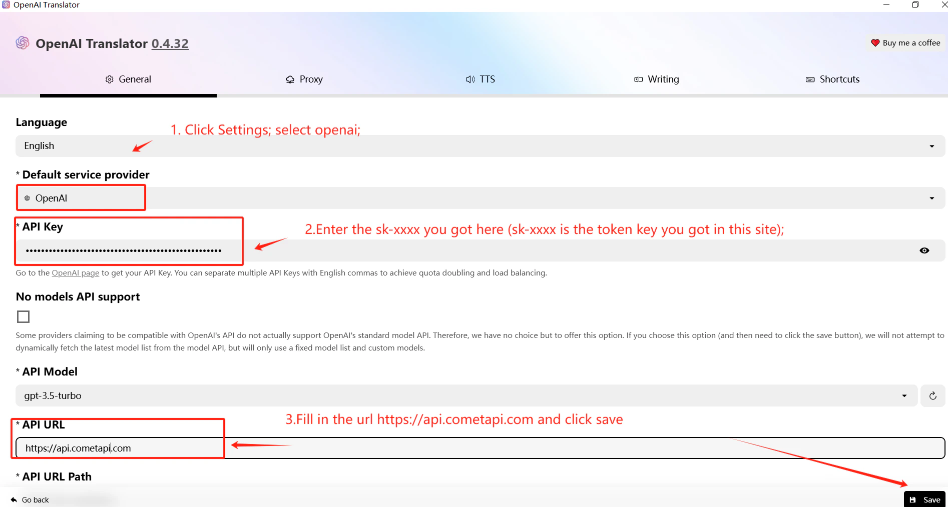 OpenAI Translator settings — URL and API key fields