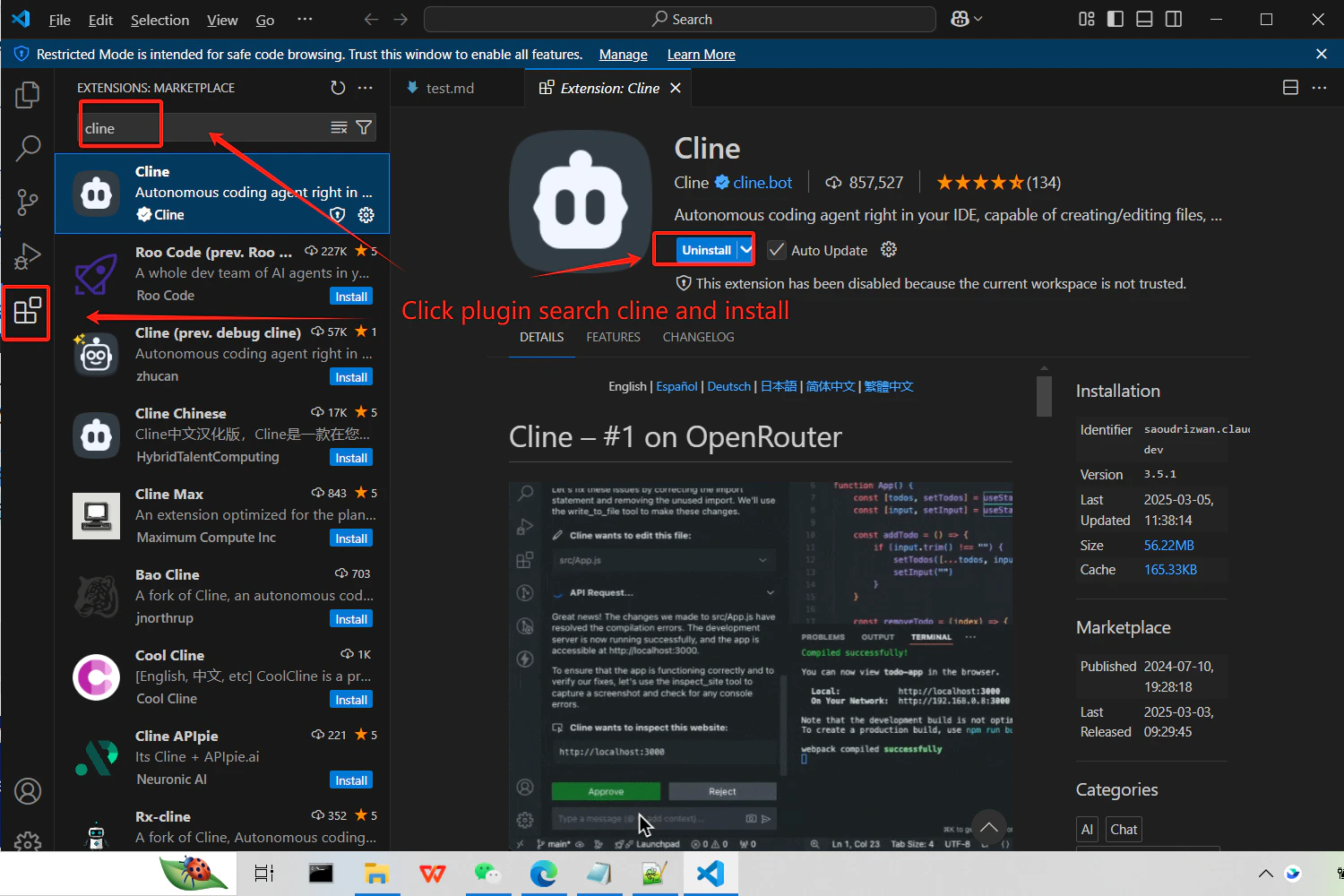 Панель расширений VS Code с расширением Cline