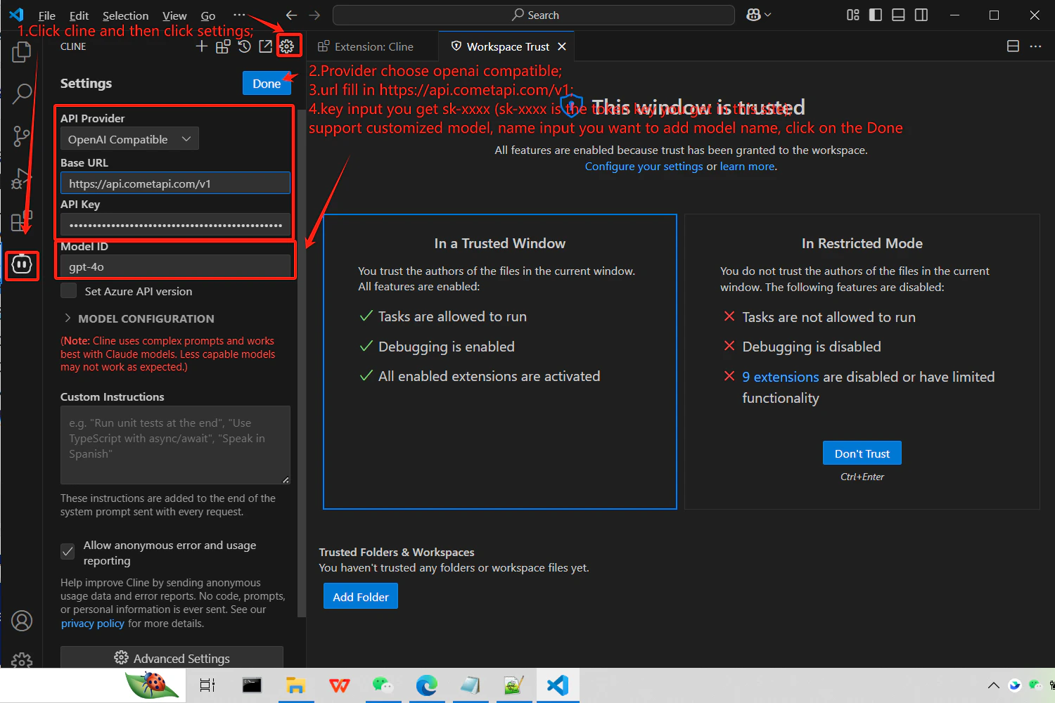 Настройки Cline с выбранным OpenAI Compatible и указанным base URL CometAPI