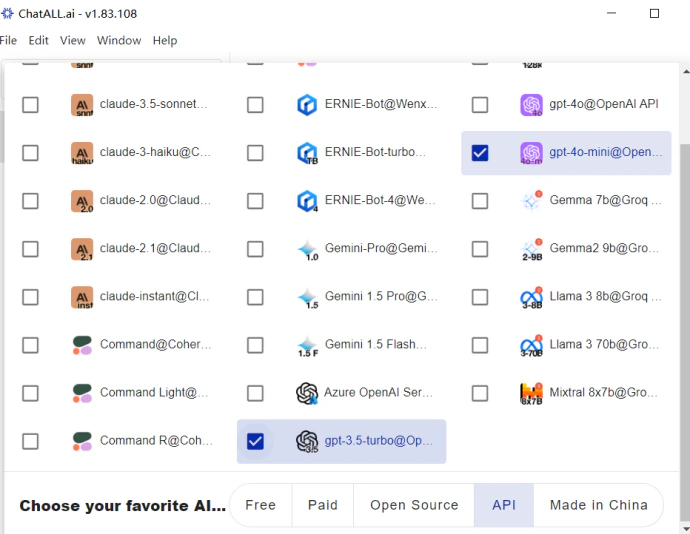 Models listed and selected in ChatAll