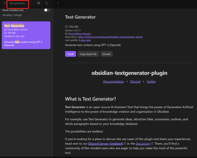Obsidian 外掛市集中的 Text Generator 外掛