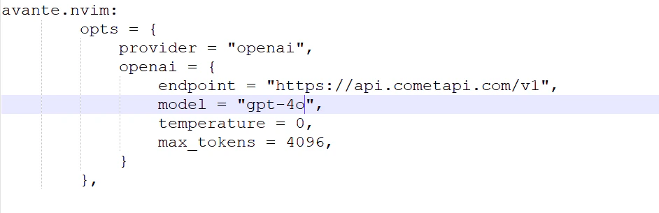 avante.nvim configuration file with CometAPI base URL and API key