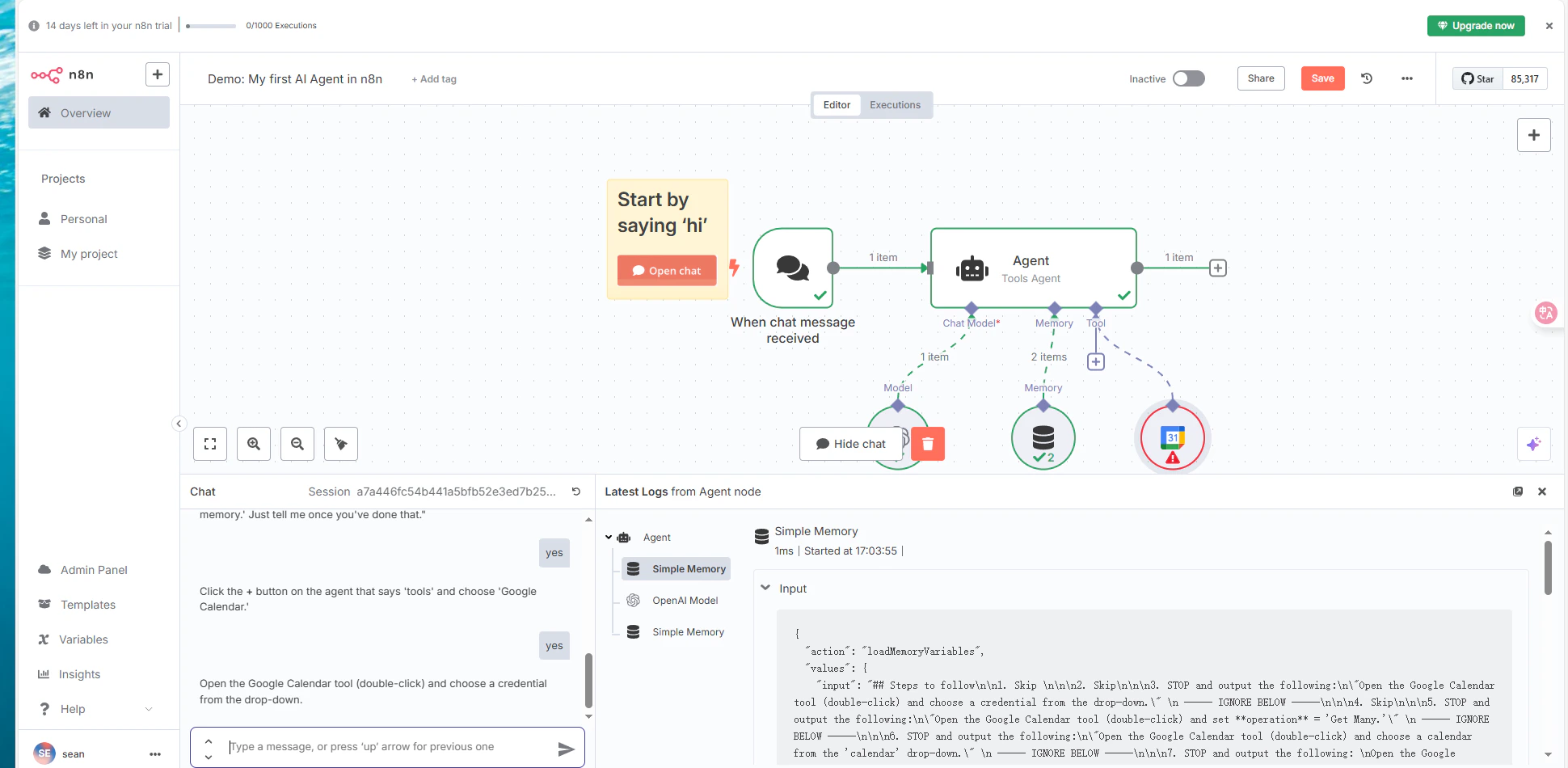 Workflow n8n che mostra una risposta corretta da CometAPI