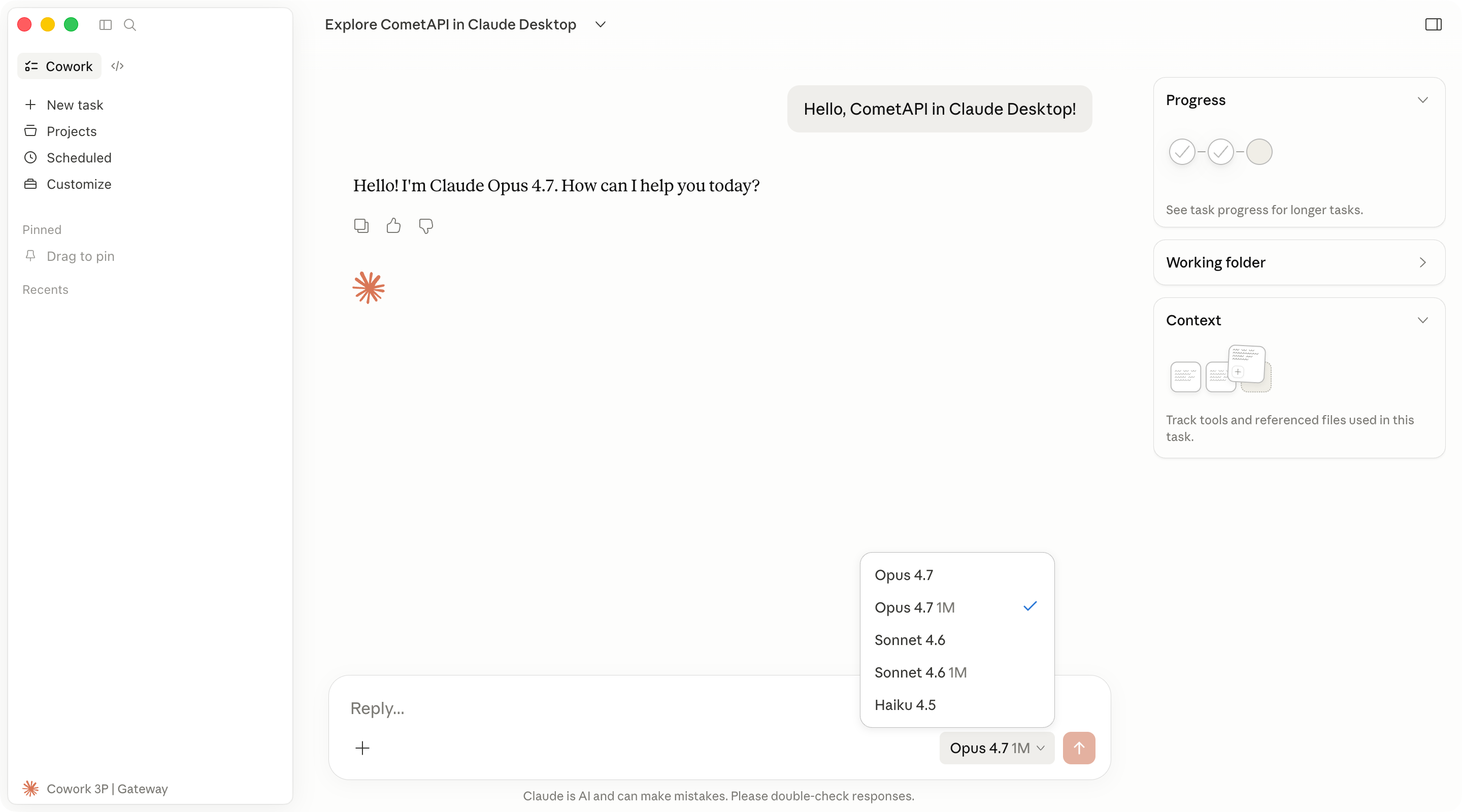Claude Desktop-Cowork-Antwort mit CometAPI nach der Einrichtung von third-party inference