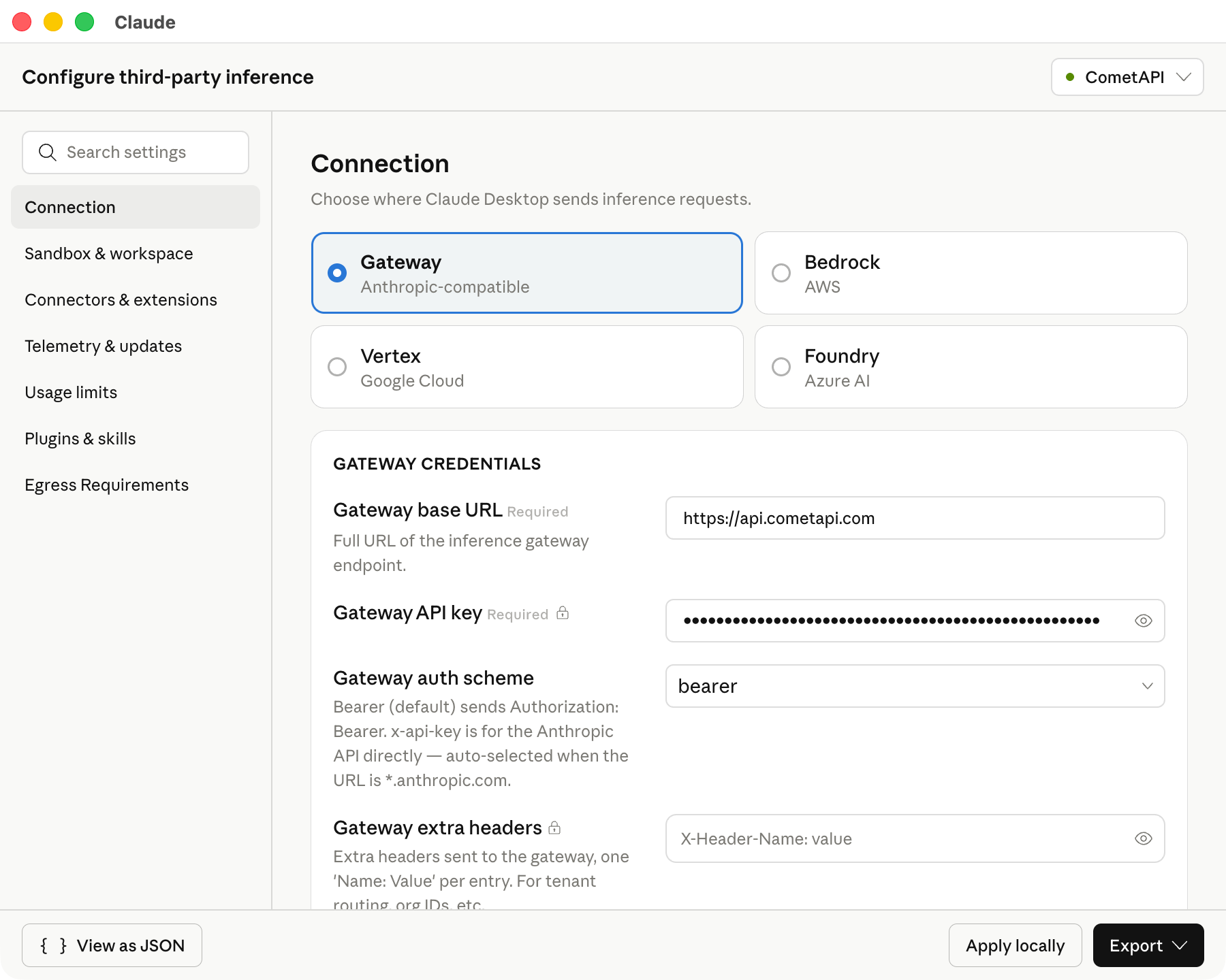Claude Desktop-Connection-Einstellungen mit ausgefüllter CometAPI-gateway-base-URL, API-key-Feld und bearer-auth-scheme