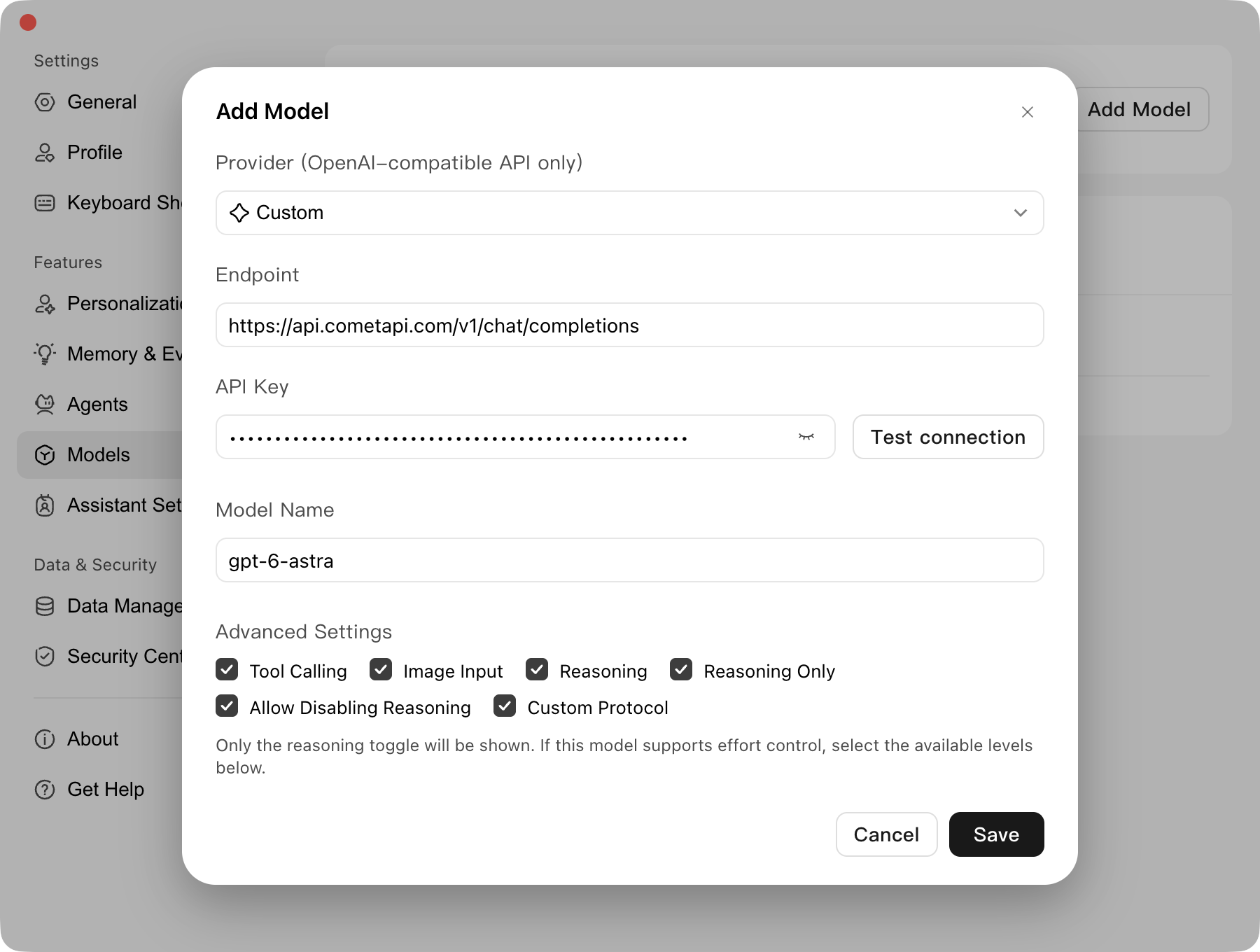 WorkBuddy AI Add Model dialog with the Custom provider and CometAPI connection fields