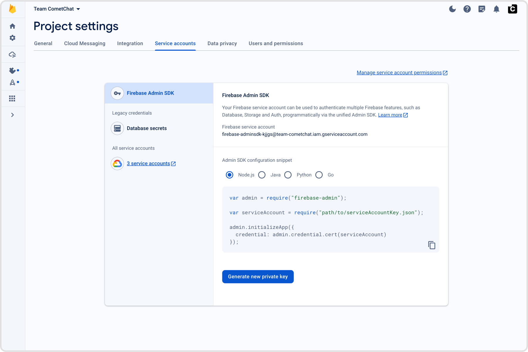 Upload FCM service account JSON