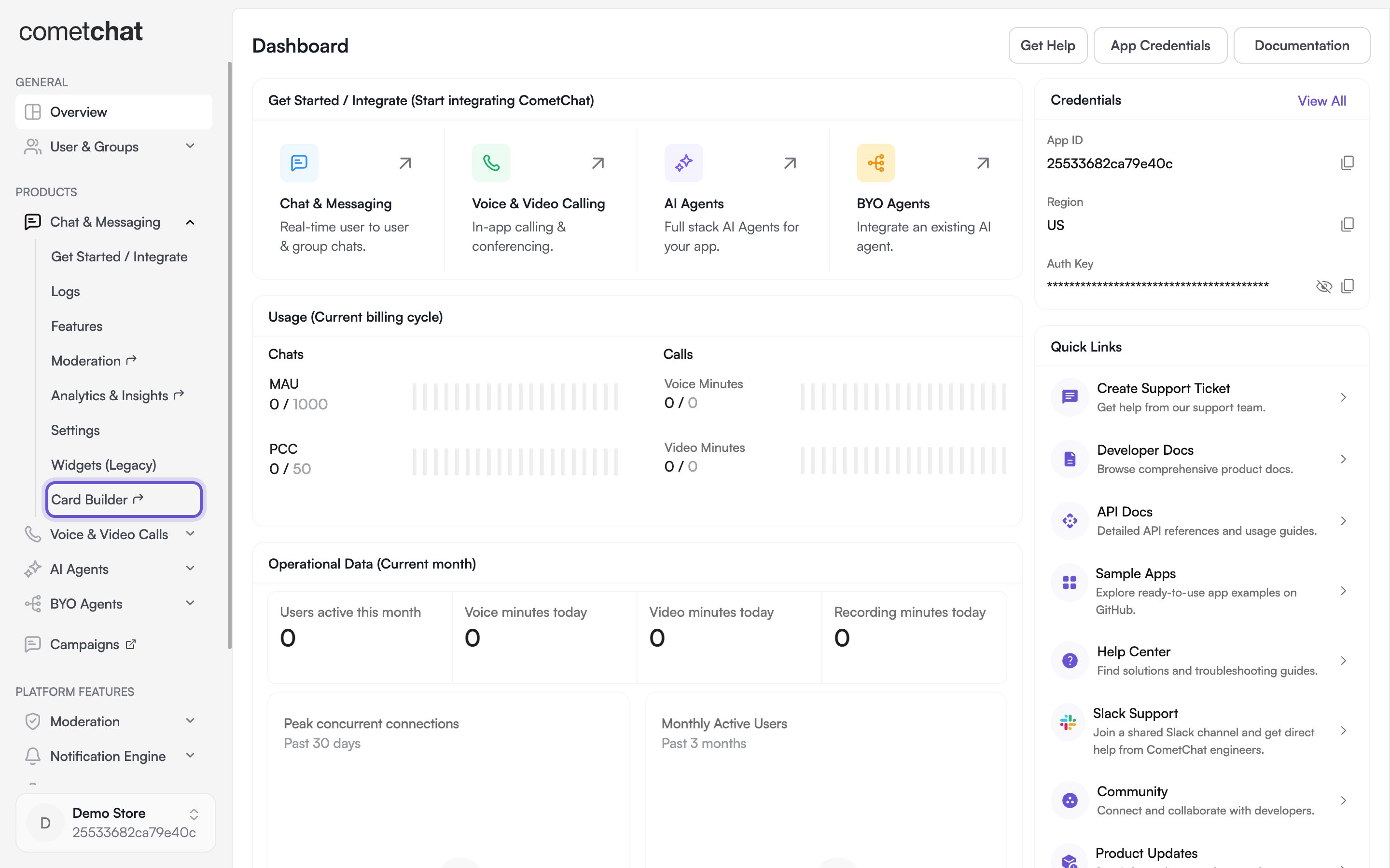 The CometChat Dashboard sidebar with Chat & Messaging expanded and the Card Builder menu item highlighted