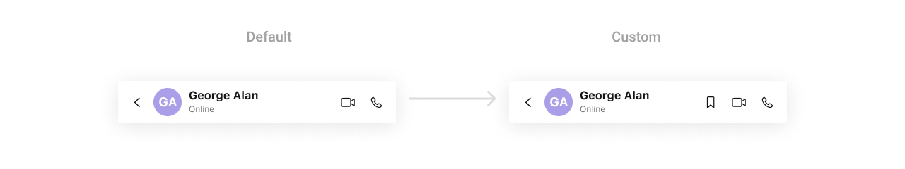 CometChatMessageHeader with custom trailView showing video call, voice call, and bookmark buttons
