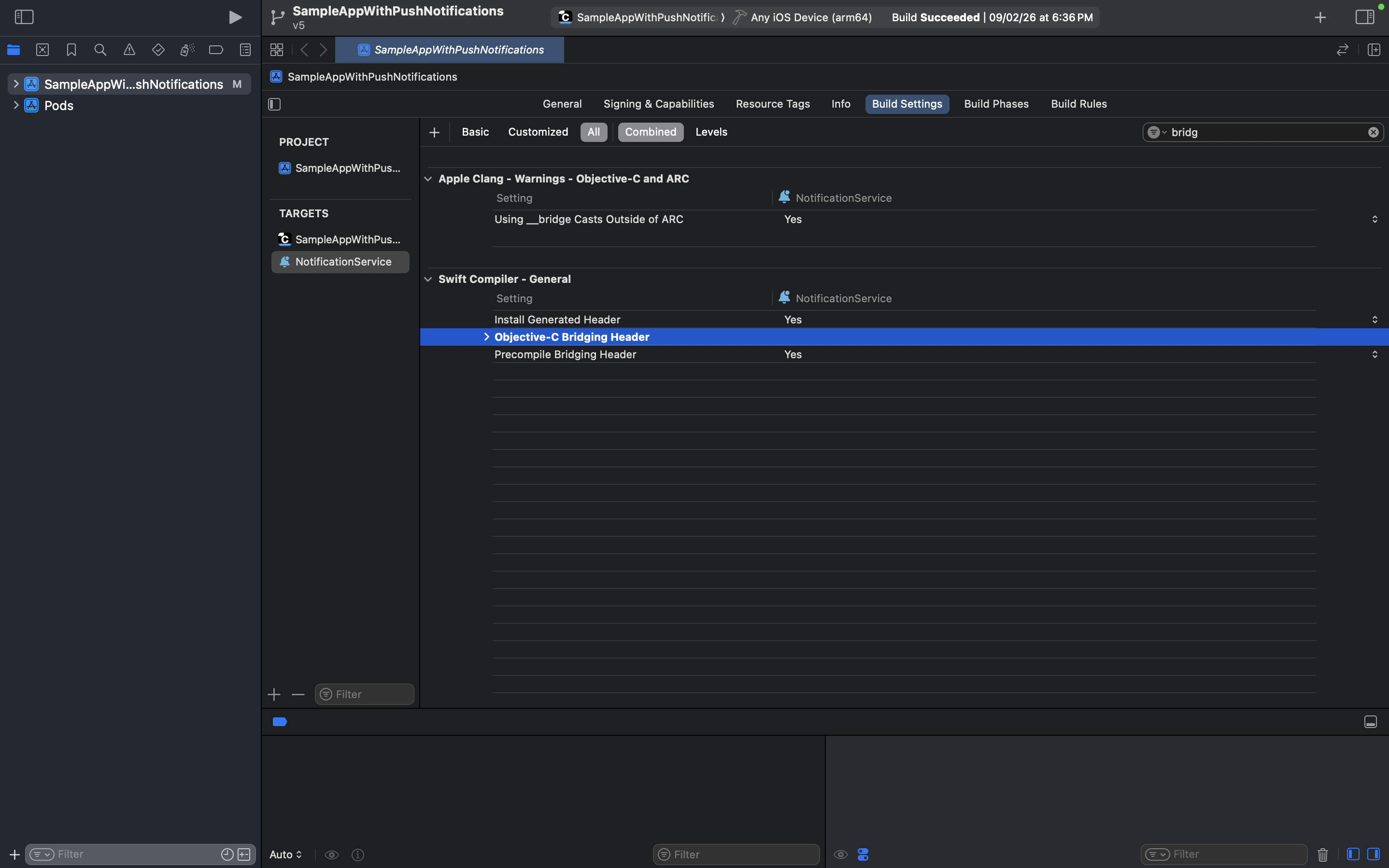 Xcode Build Settings showing Objective-C Bridging Header field for NotificationService target