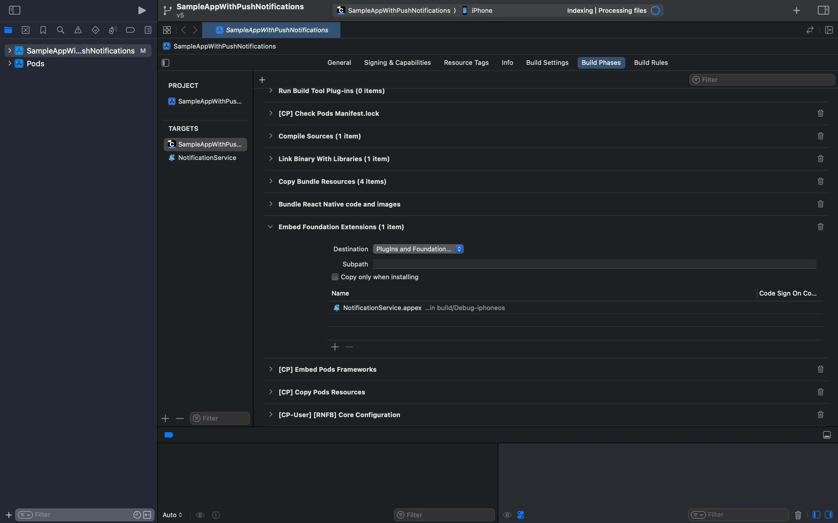 Xcode Build Phases showing Embed Foundation Extensions with NotificationService.appex