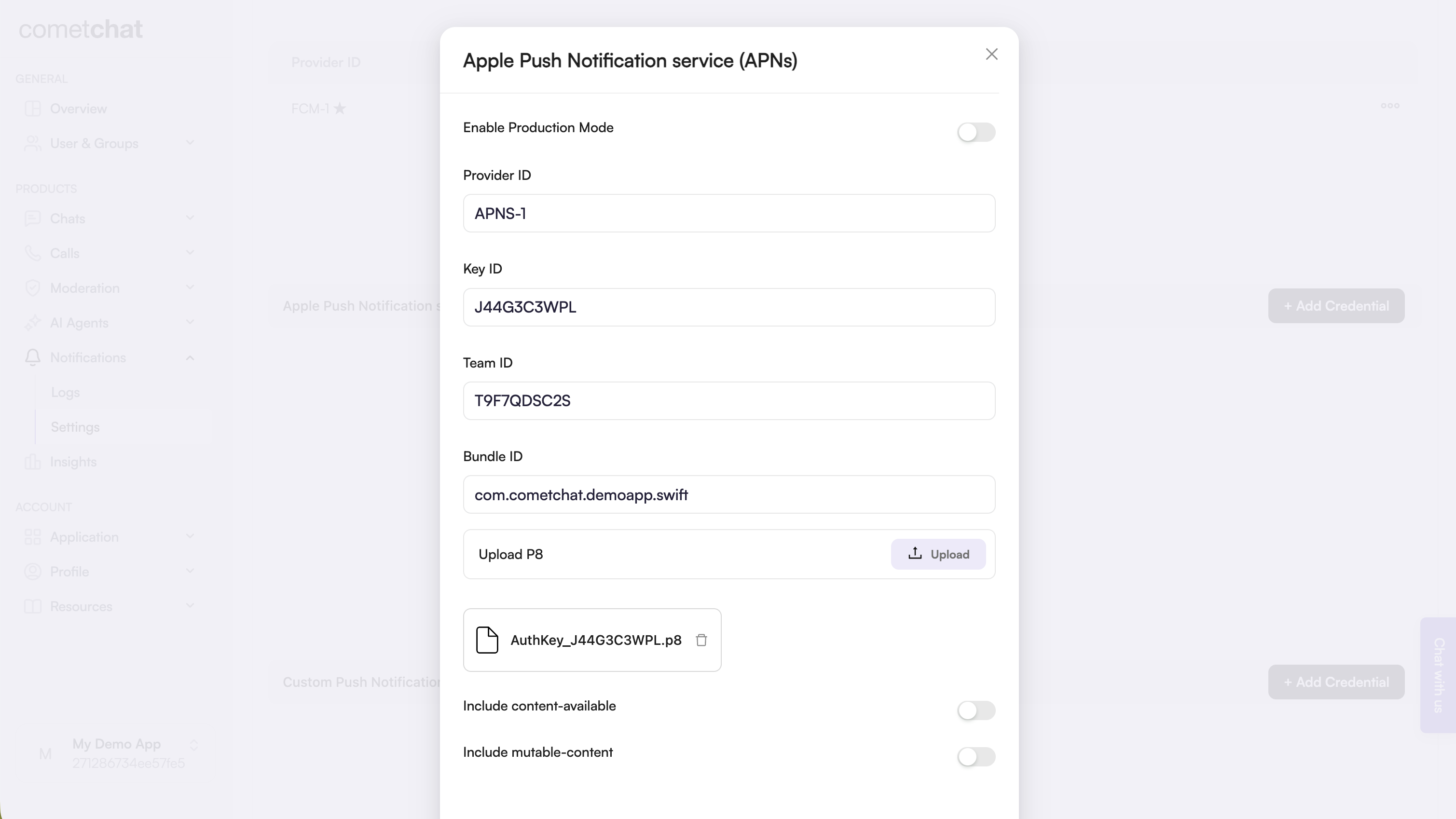 Upload APNs credentials