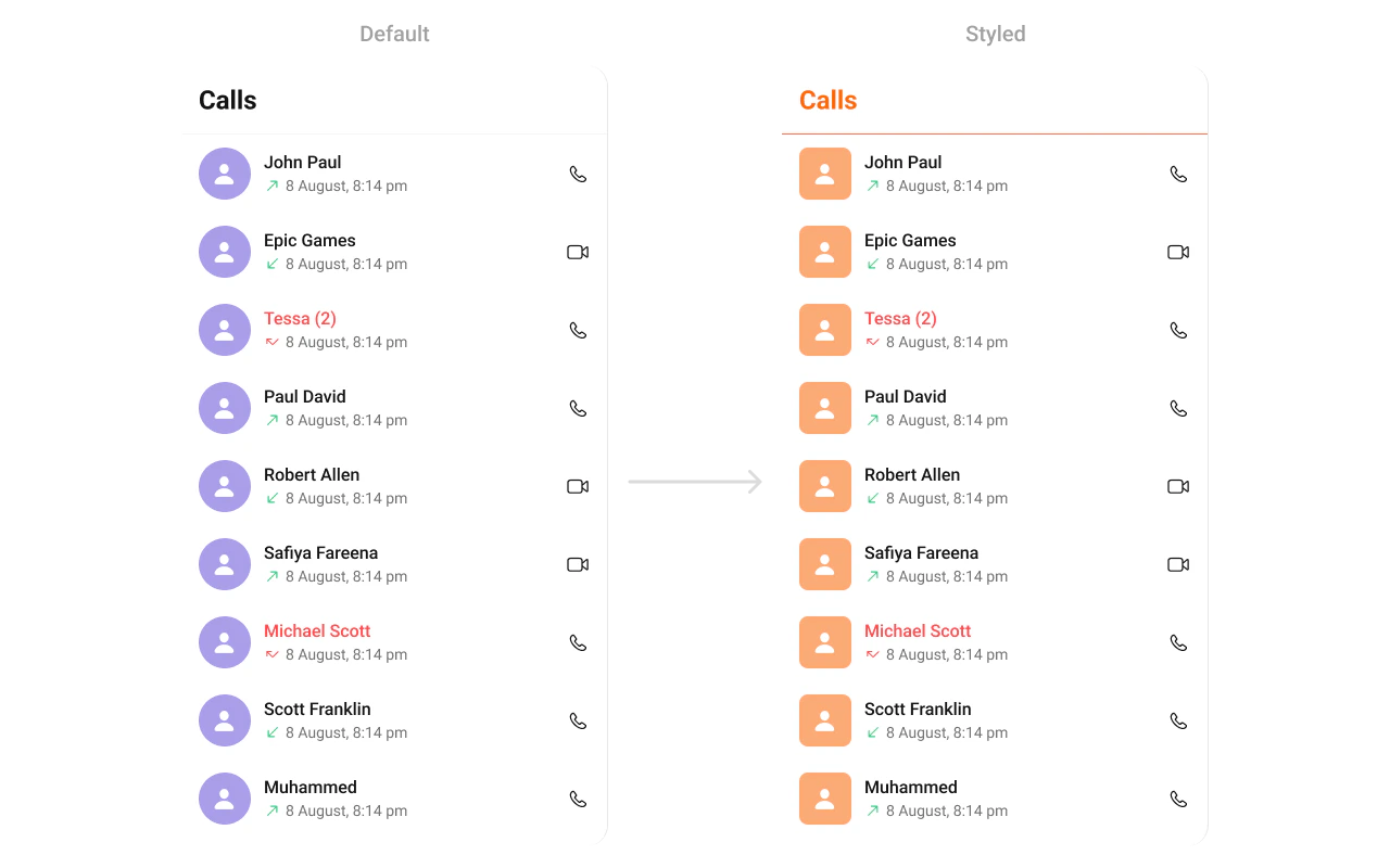 CometChatCallLogs with custom styling showing orange title text and rounded avatar with custom background color