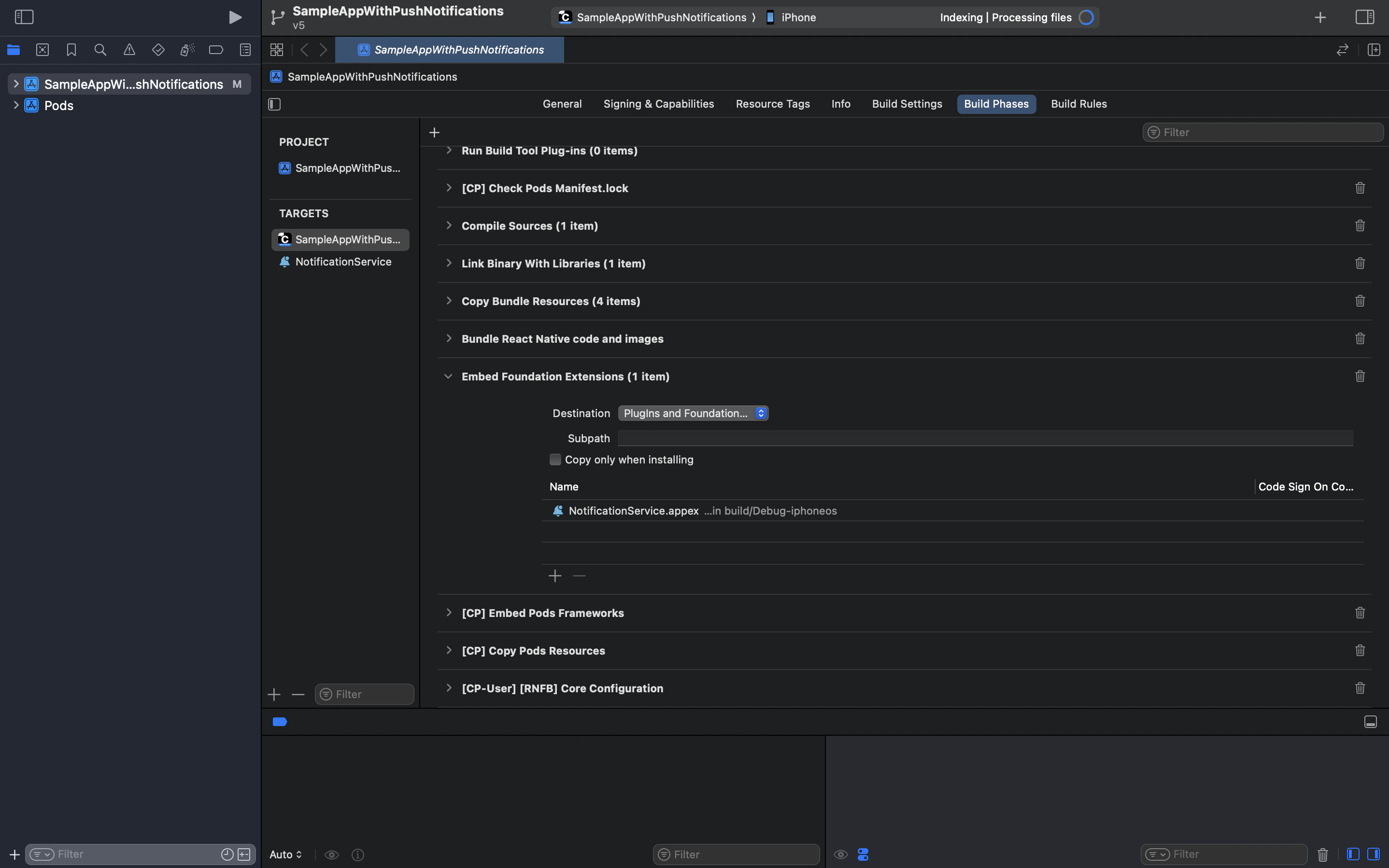 Xcode Build Phases showing Embed Foundation Extensions with NotificationService.appex