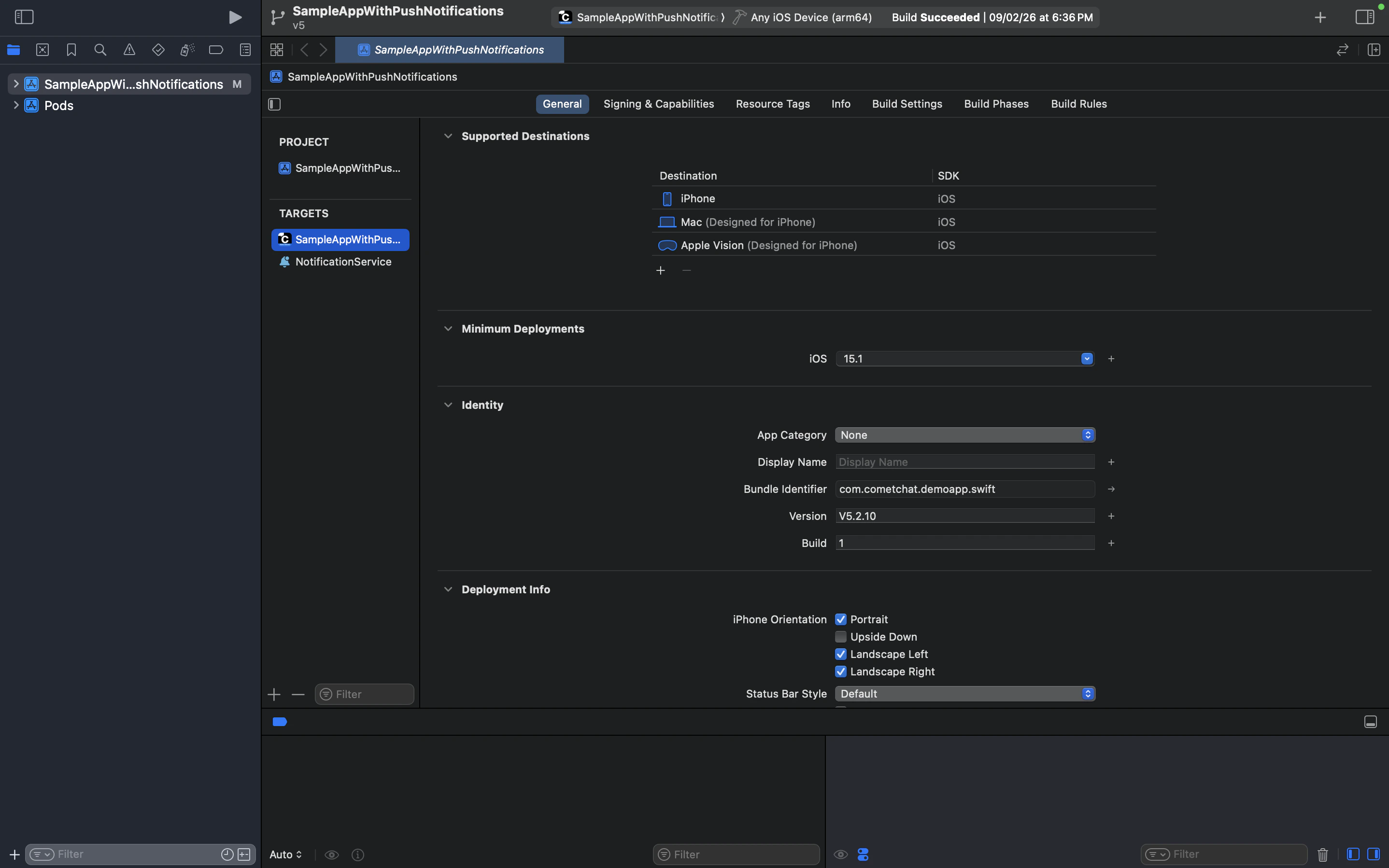 Xcode showing NotificationService listed under TARGETS in the main app