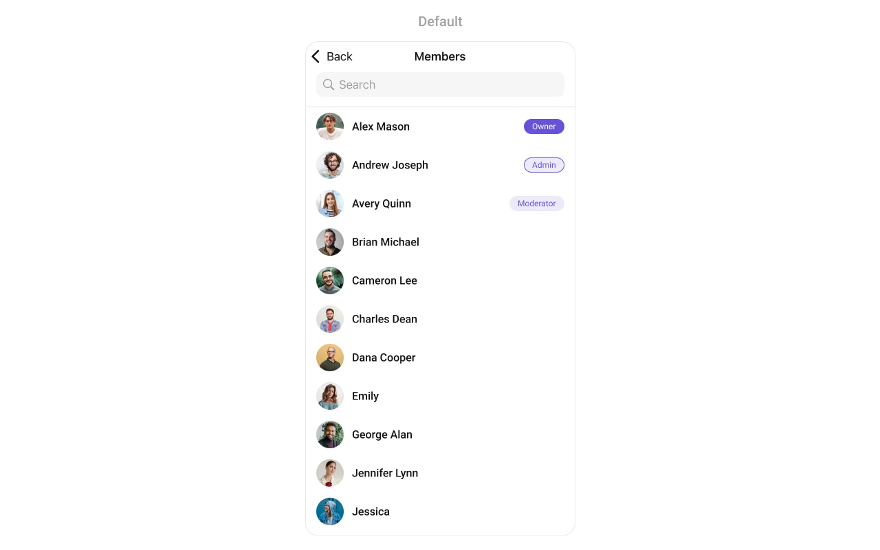 CometChatGroupMembers showing a list of group members with their avatars, names, and role badges indicating owner, admin, moderator, and participant status