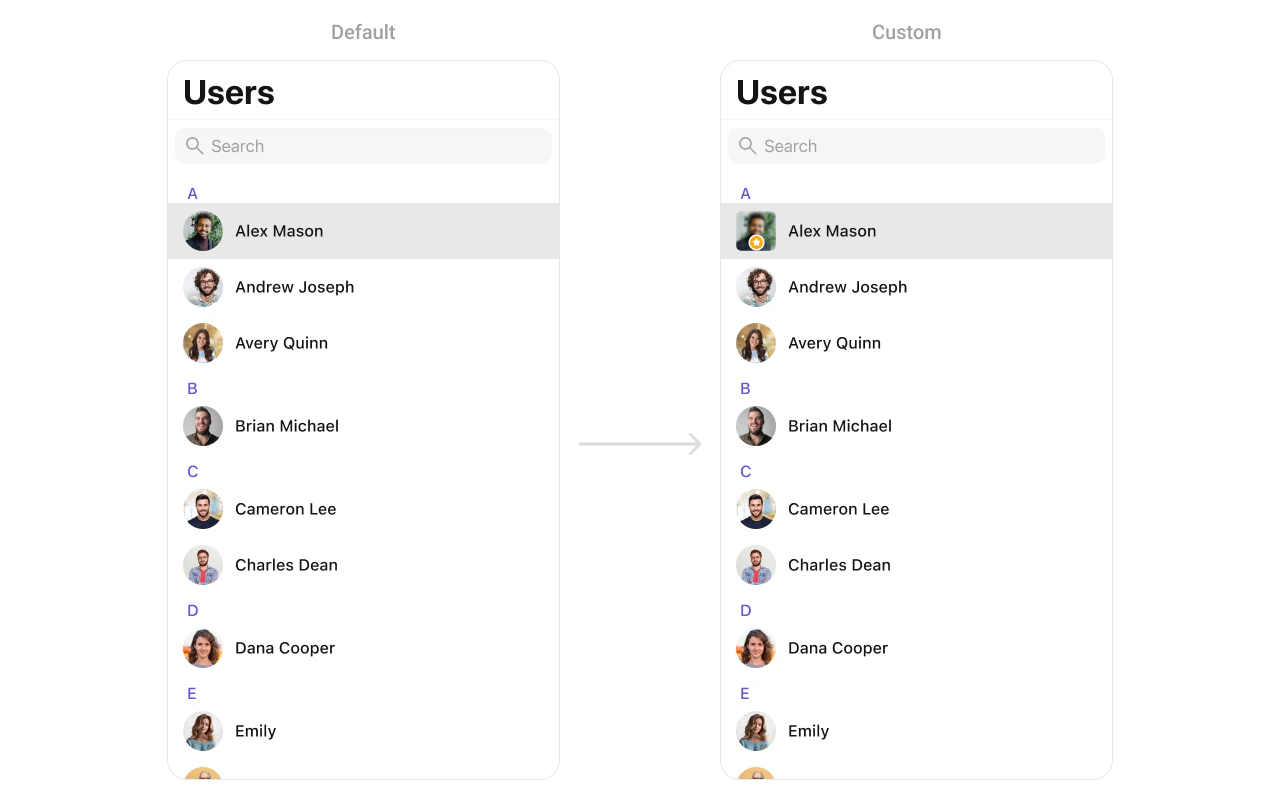 CometChatUsers with custom leadingView showing user avatars with a star badge overlay
