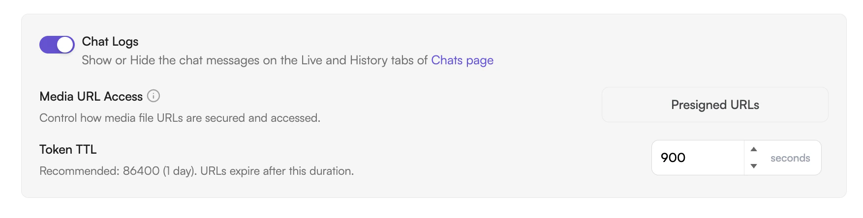 Pre-Signed URL TTL configuration in CometChat Dashboard