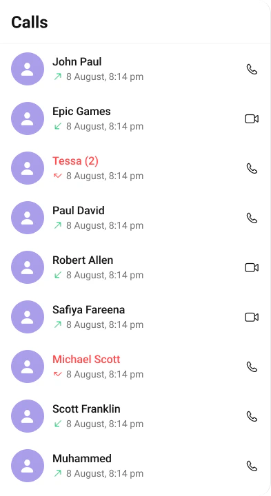 CometChatCallLogs showing a list of call history with caller names, call types, and timestamps