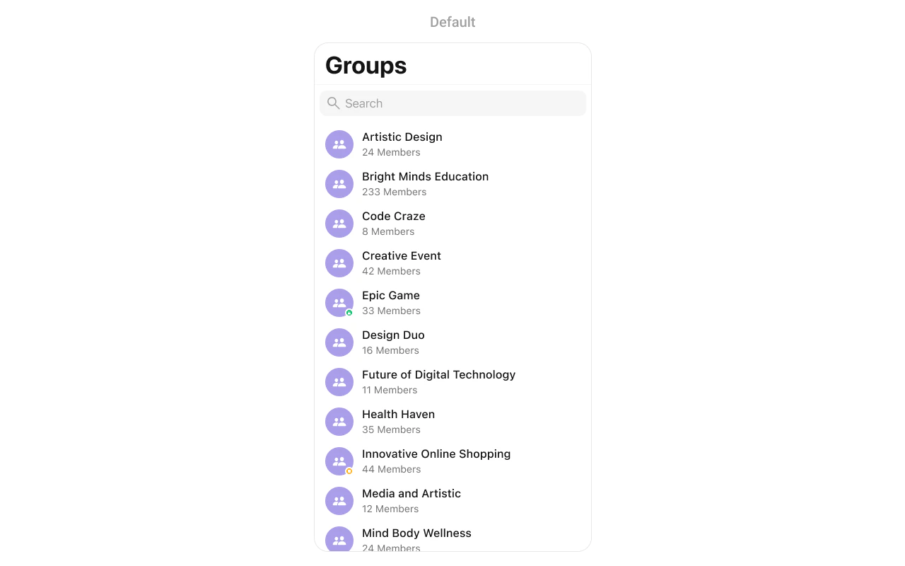 CometChatGroups showing a searchable list of groups with avatars, names, member counts, and group type indicators
