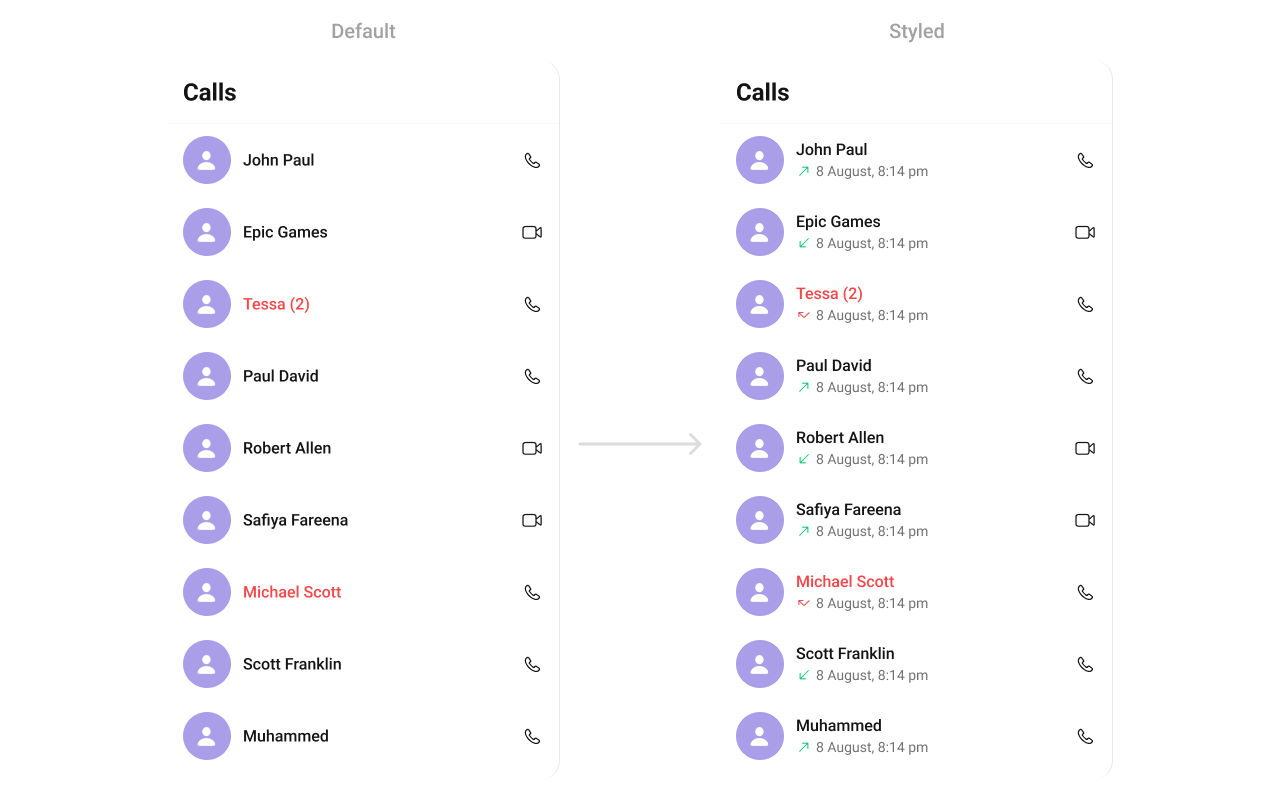 CometChatCallLogs with custom subtitle view showing call initiation timestamp