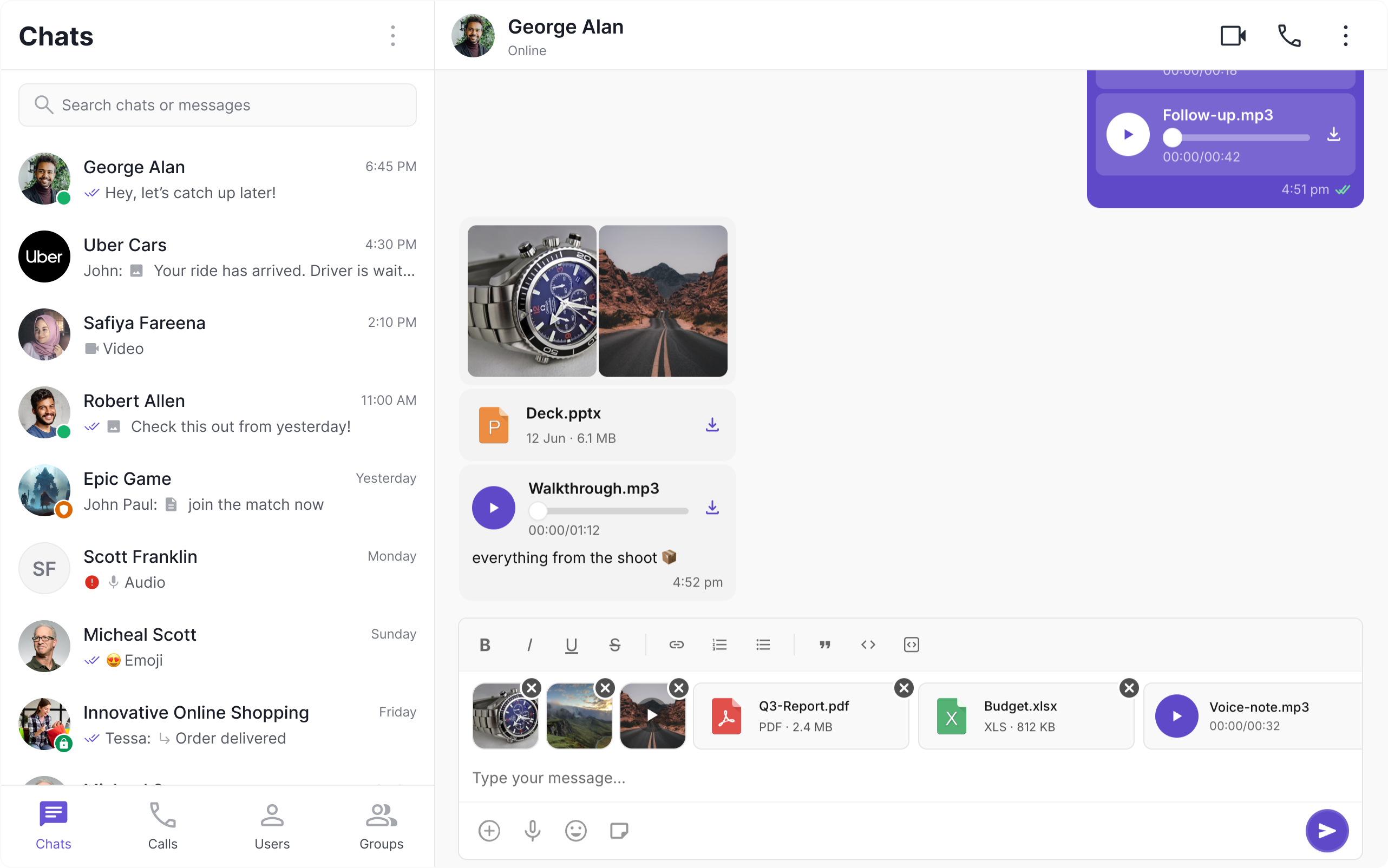 Chat screens showing images, videos, audio files, and documents shared in a conversation, including several attachments sent together in a single message