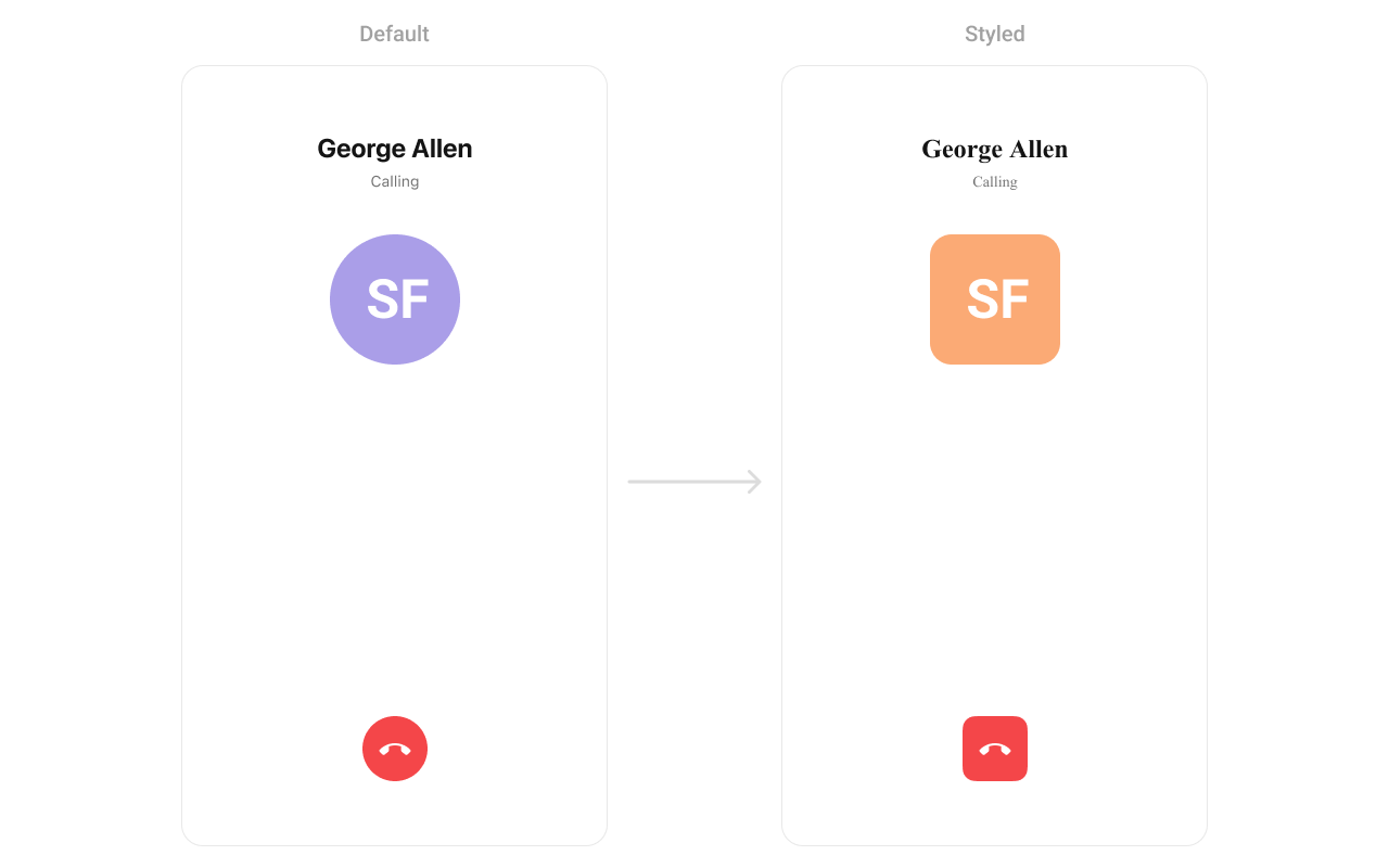 CometChatOutgoingCall with custom styling showing custom fonts and rounded decline button