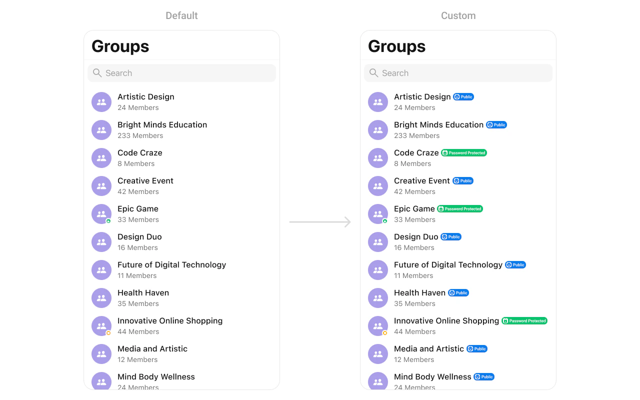 CometChatGroups with custom titleView showing group name with public badge indicator