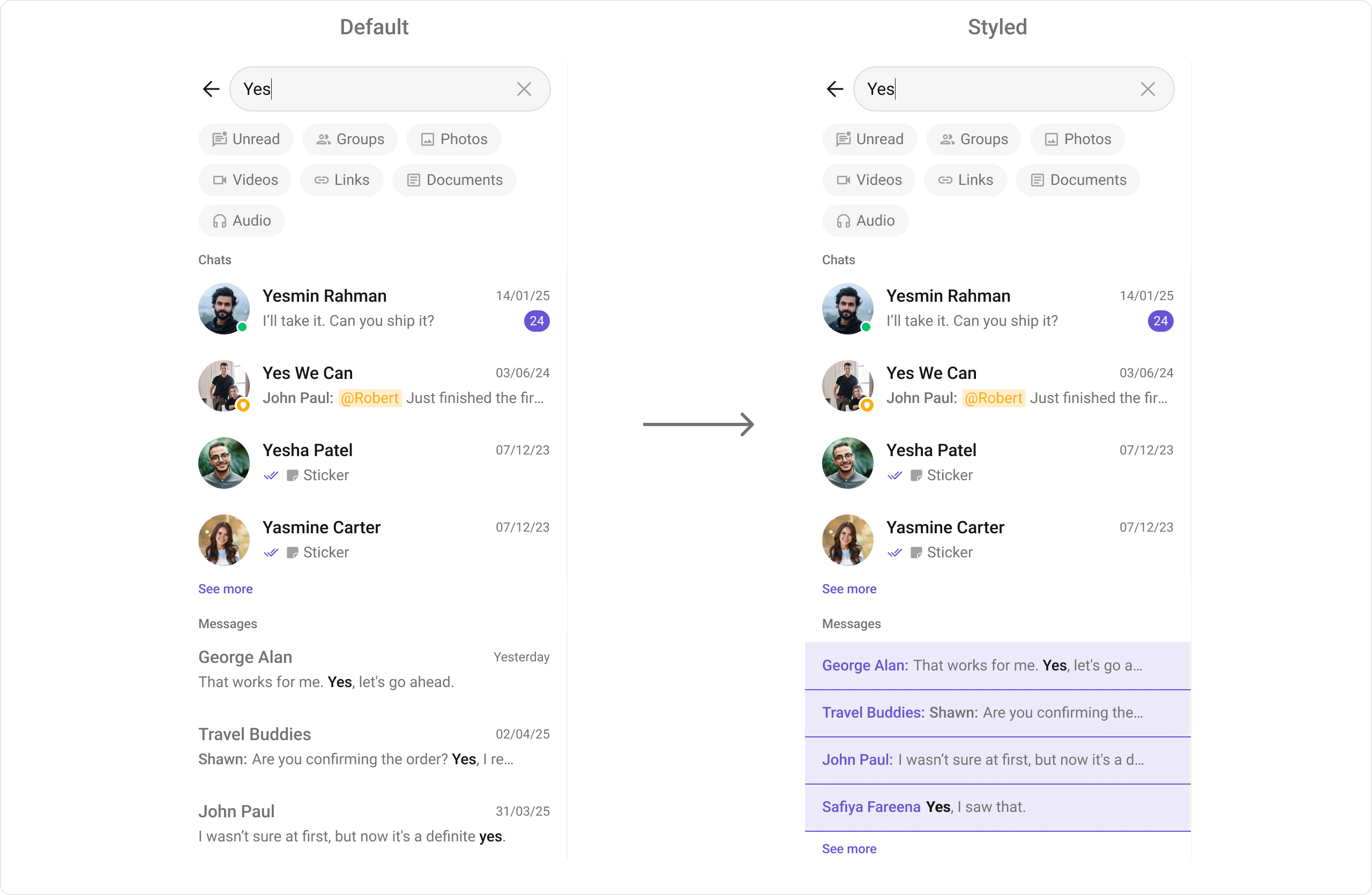 CometChatSearch with custom message item view showing sender name and message text in a customized layout with purple accent styling
