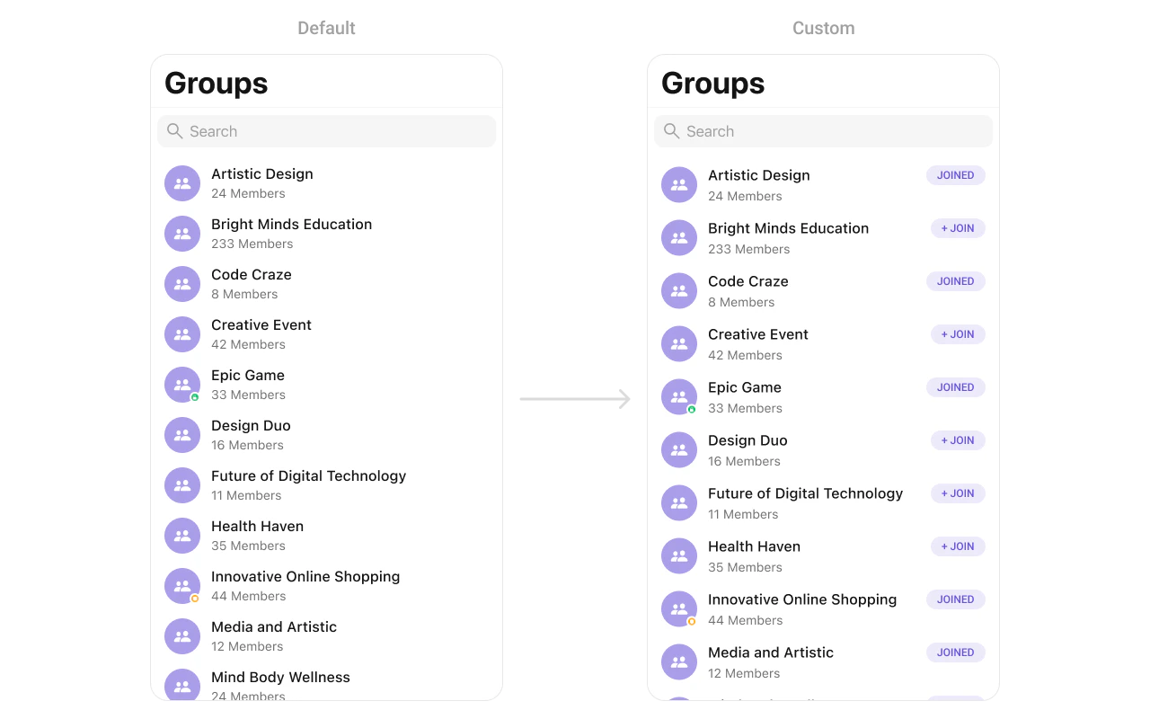 CometChatGroups with custom trailingView showing joined status badge on the right side