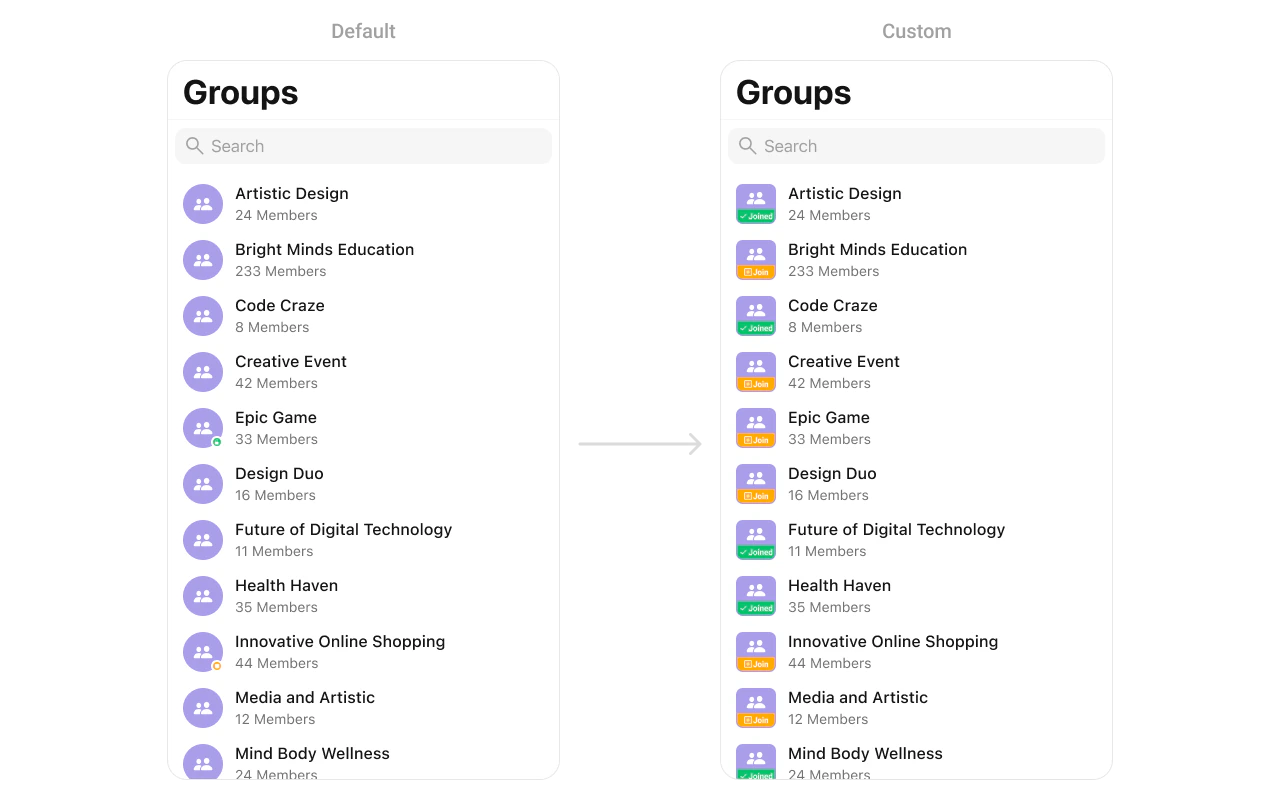 CometChatGroups with custom leadingView showing customized avatar area with icon and join button