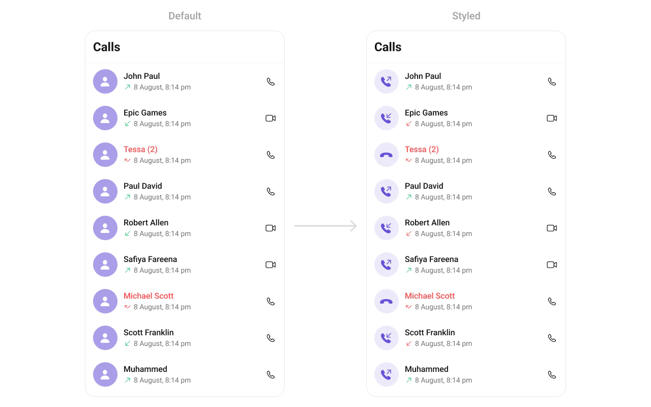 CometChatCallLogs with custom leading view showing purple circular call icon button