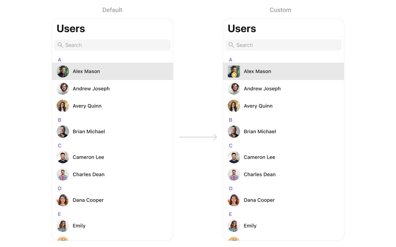 CometChatUsers with custom leadingView showing user avatars with a star badge overlay